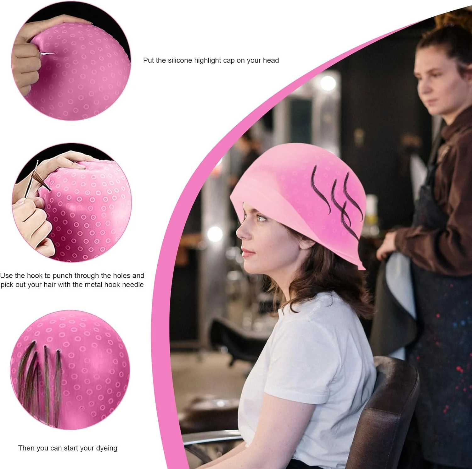 ست ۷ تکه کلاه مش سیلیکونی با سوراخ های پانچ شده به همراه سوزن، برس رنگ مو، شال رنگ مو، دستکش و گوشی (صورتی)