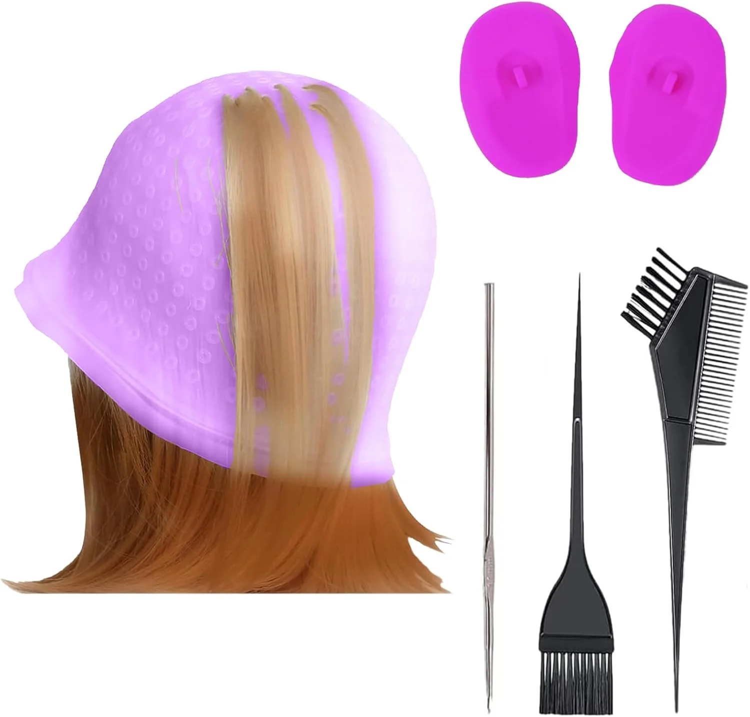 کلاه مش سیلیکونی، کلاه رنگ مو با سوراخهای پانچ شده به همراه سوزن قلاب بافت مو، شانه رنگ مو و گوشی، کلاه مش حرفهای و کیت قلاب برای زنان و مردان کلاه مش سیلیکونی، کلاه رنگ مو با سوراخهای پانچ شده به همراه سوزن قلاب بافت مو، شانه رنگ مو و گوشی، کلاه مش حرفهای و کیت قلاب برای زنان و مردان