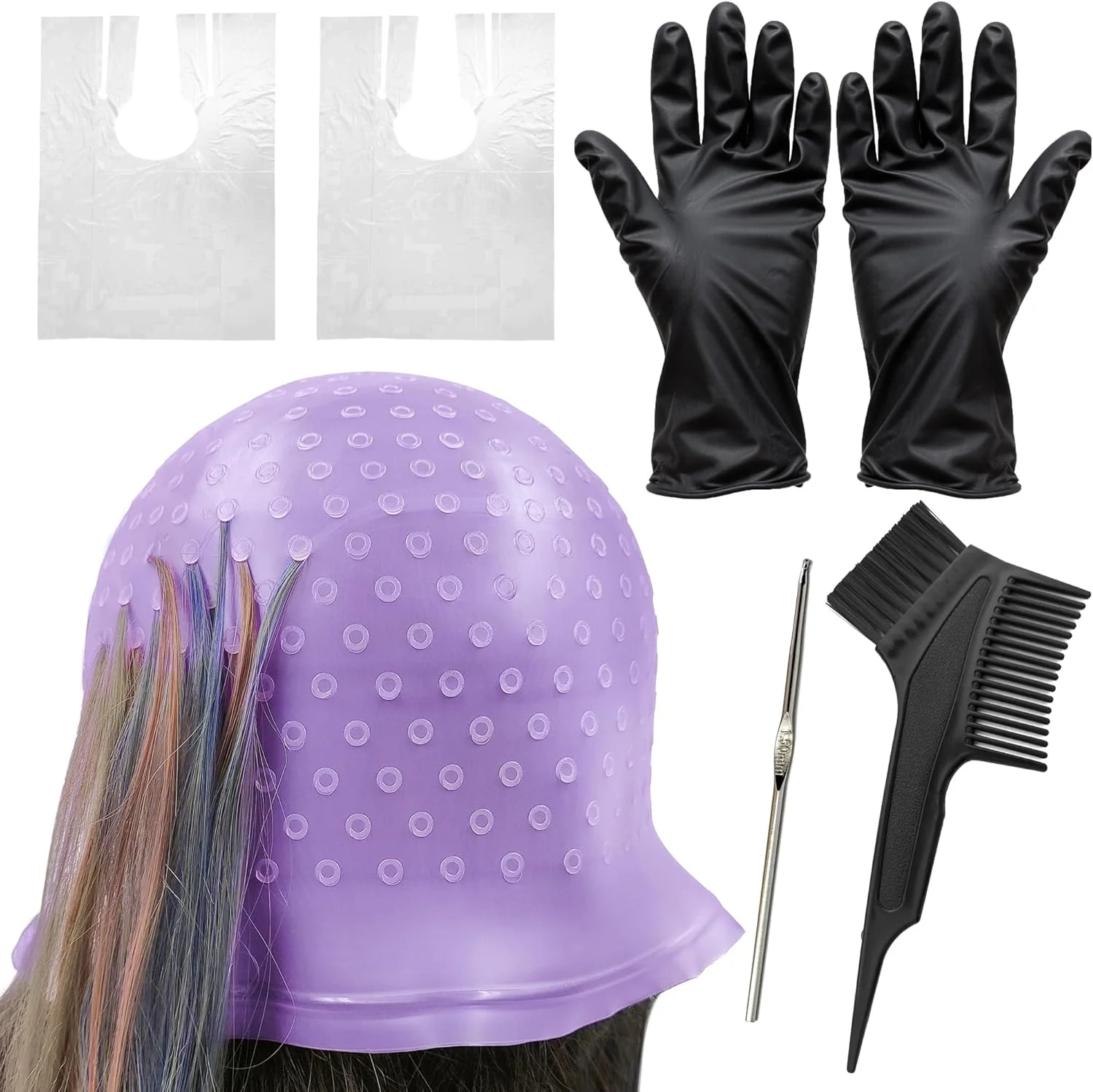 کلاه مش سیلیکونی سوراخ دار به همراه سوزن و برس رنگ مو، کلاه مش، ابزار رنگ آمیزی حرفه ای مو برای خانم ها و آقایان کلاه مش سیلیکونی سوراخ دار به همراه سوزن و برس رنگ مو، کلاه مش، ابزار رنگ آمیزی حرفه ای مو برای خانم ها و آقایان