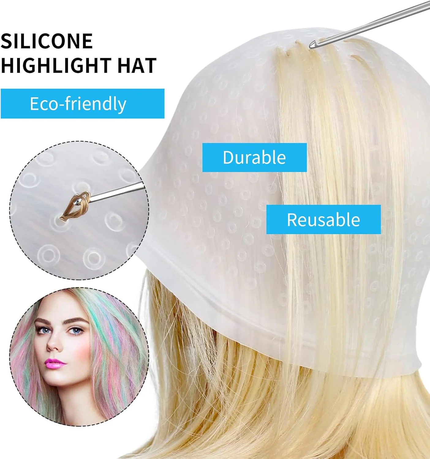 کلاه مش مو سیلیکونی قابل استفاده مجدد BORDSTRACT سفید با قلاب فلزی برای آرایشگاه یا رنگ کردن مو در خانه کلاه مش مو سیلیکونی قابل استفاده مجدد BORDSTRACT سفید با قلاب فلزی برای آرایشگاه یا رنگ کردن مو در خانه