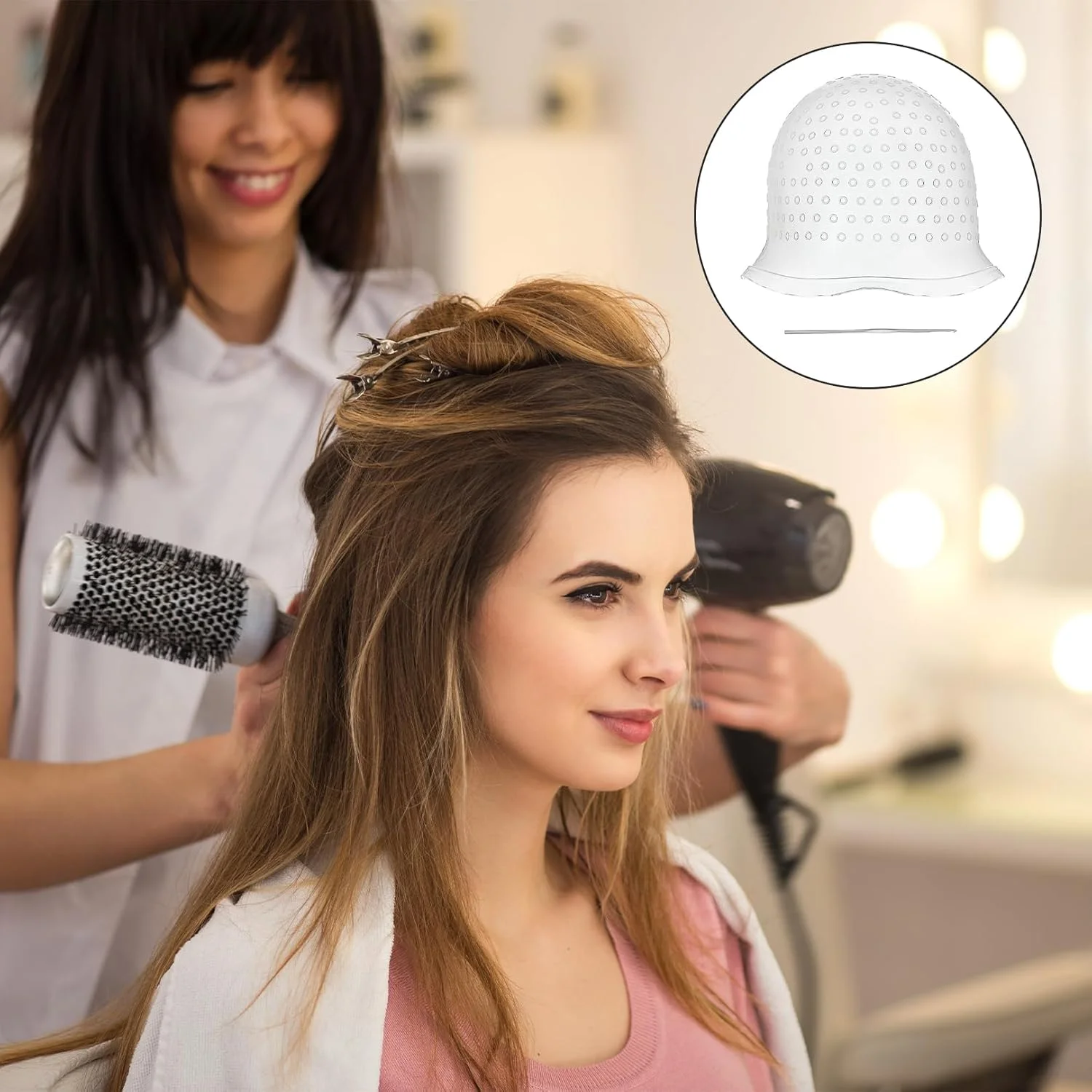 کلاه اکستنشن مو برای رنگ کردن هایلایت به همراه سوزن مخصوص بالیاژ و ایجاد هایلایت های بلوند