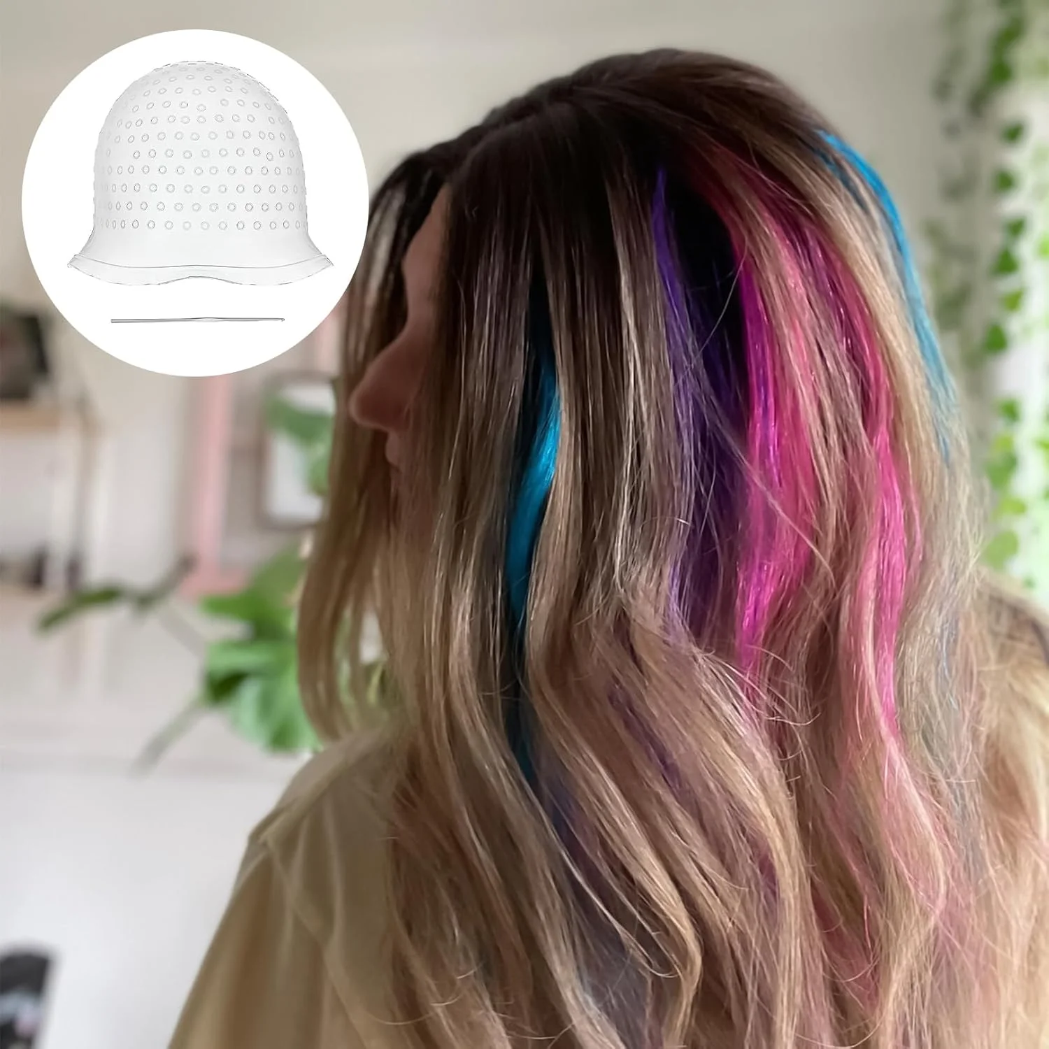 کلاه اکستنشن مو برای رنگ کردن هایلایت به همراه سوزن مخصوص بالیاژ و ایجاد هایلایت های بلوند