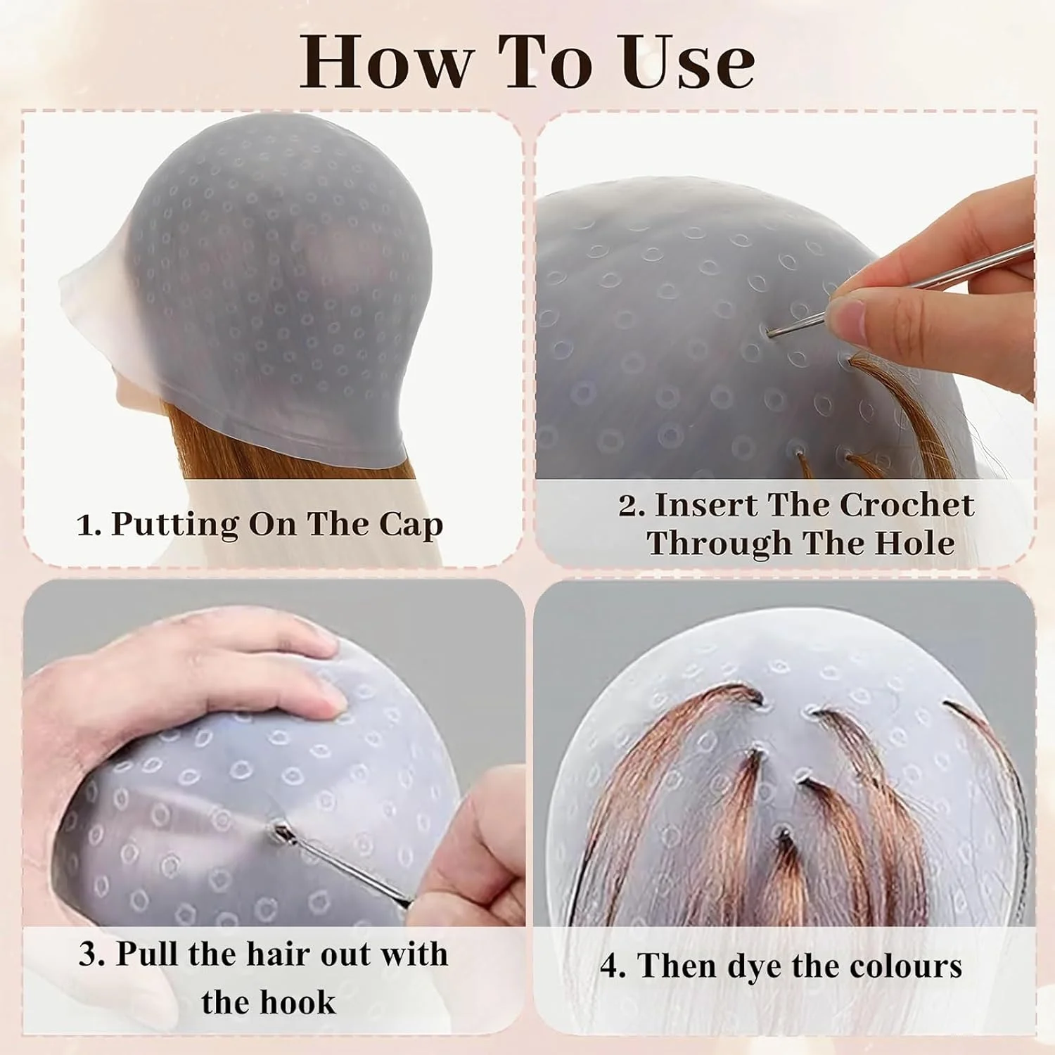 کلاه مش مو 5 عددی با سوزن و برس رنگ مو، کلاه مش سیلیکونی برای رنگ کردن مو، ابزار رنگ آمیزی و مش کردن مو برای آرایشگاه، مناسب برای خانم ها و آقایان