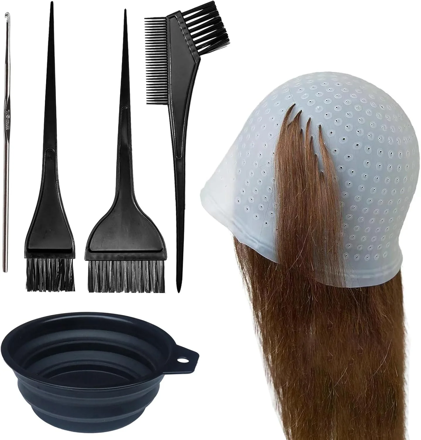 ست 6 تکه کلاه مش، برس رنگ مو و کاسه، ابزار آرایشگری، کیت مش موی سیلیکونی سوراخ دار با سوزن و برس رنگ مو برای بانوان و دختران ست 6 تکه کلاه مش، برس رنگ مو و کاسه، ابزار آرایشگری، کیت مش موی سیلیکونی سوراخ دار با سوزن و برس رنگ مو برای بانوان و دختران