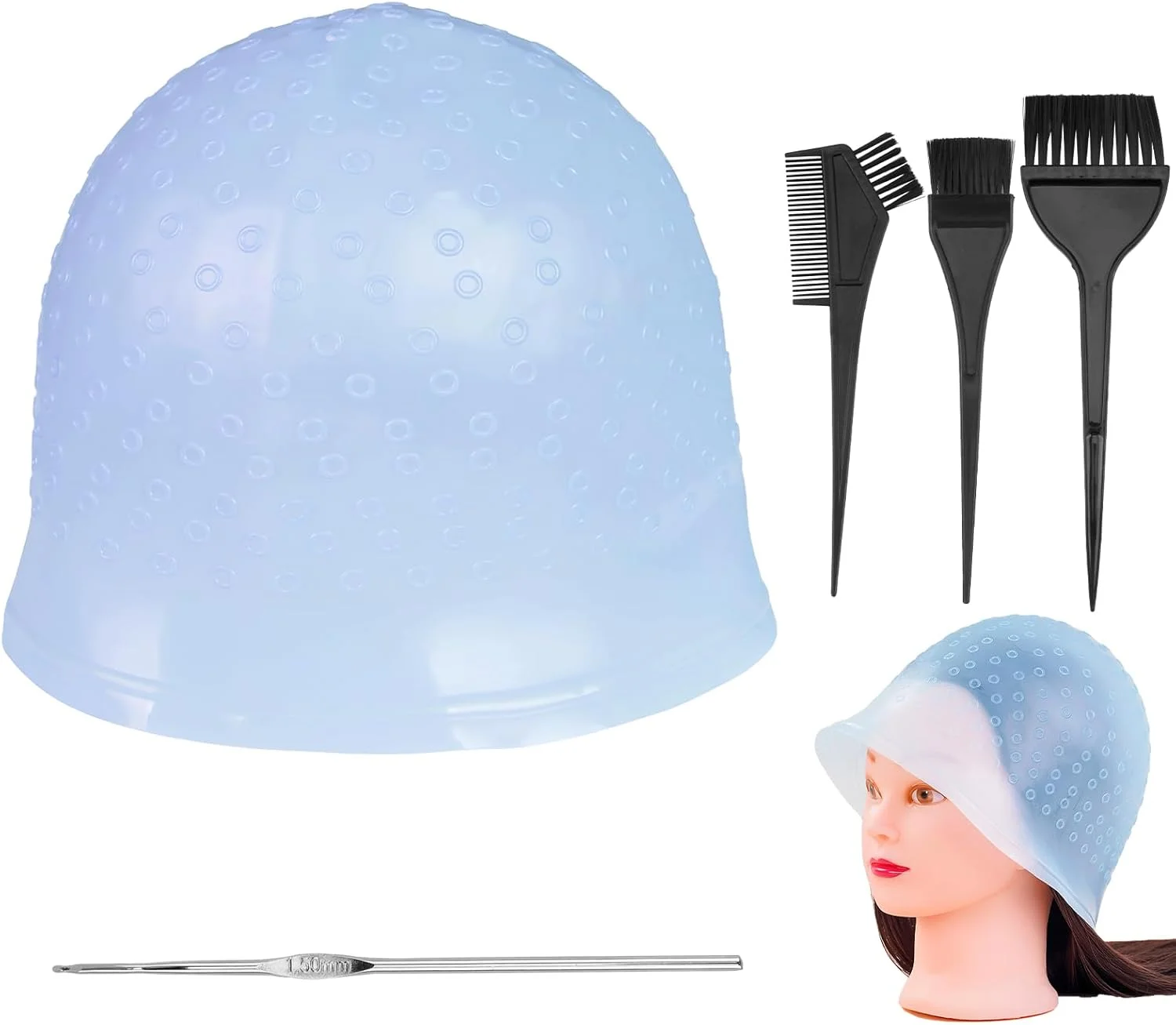 کلاه مش سیلیکونی سوراخ دار به همراه برس رنگ مو و سوزن، کلاه مش هایلایت، آبی کلاه مش سیلیکونی سوراخ دار به همراه برس رنگ مو و سوزن، کلاه مش هایلایت، آبی