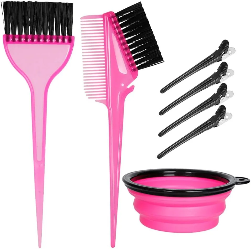 ست کاسه و برس رنگ مو، کاسه رنگ، برس ابزار، کیت کاسه مخلوط کن، شانه رنگ برای رنگ کردن مو (صورتی و مشکی)