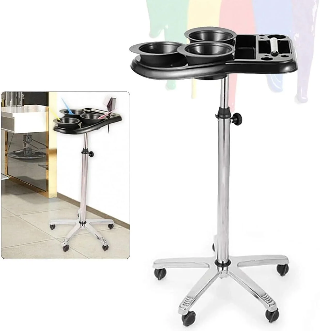 ترولی رنگ مو مشکی با کاسه های ترکیب رنگ - ترولی سالن چرخ دار برای رنگ کردن و حالت دادن مو ترولی رنگ مو مشکی با کاسه های ترکیب رنگ - ترولی سالن چرخ دار برای رنگ کردن و حالت دادن مو