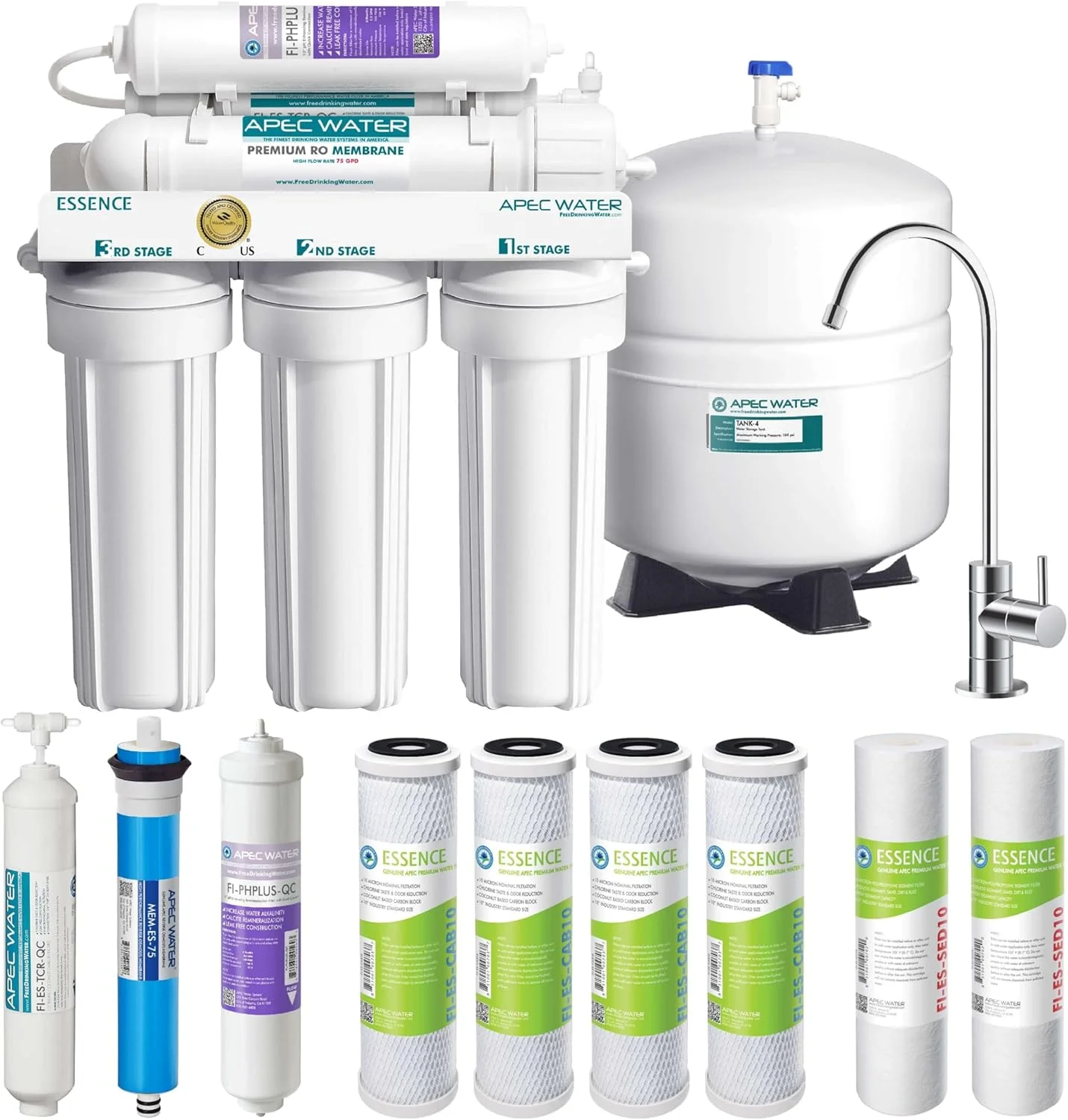 سیستم تصفیه آب قلیایی معدنی 6 مرحله ای اسمز معکوس APEC Water Systems ROES-PH75 Essence Series Top Tier pH+ 75 GPD با فیلترهای با ظرفیت بالا