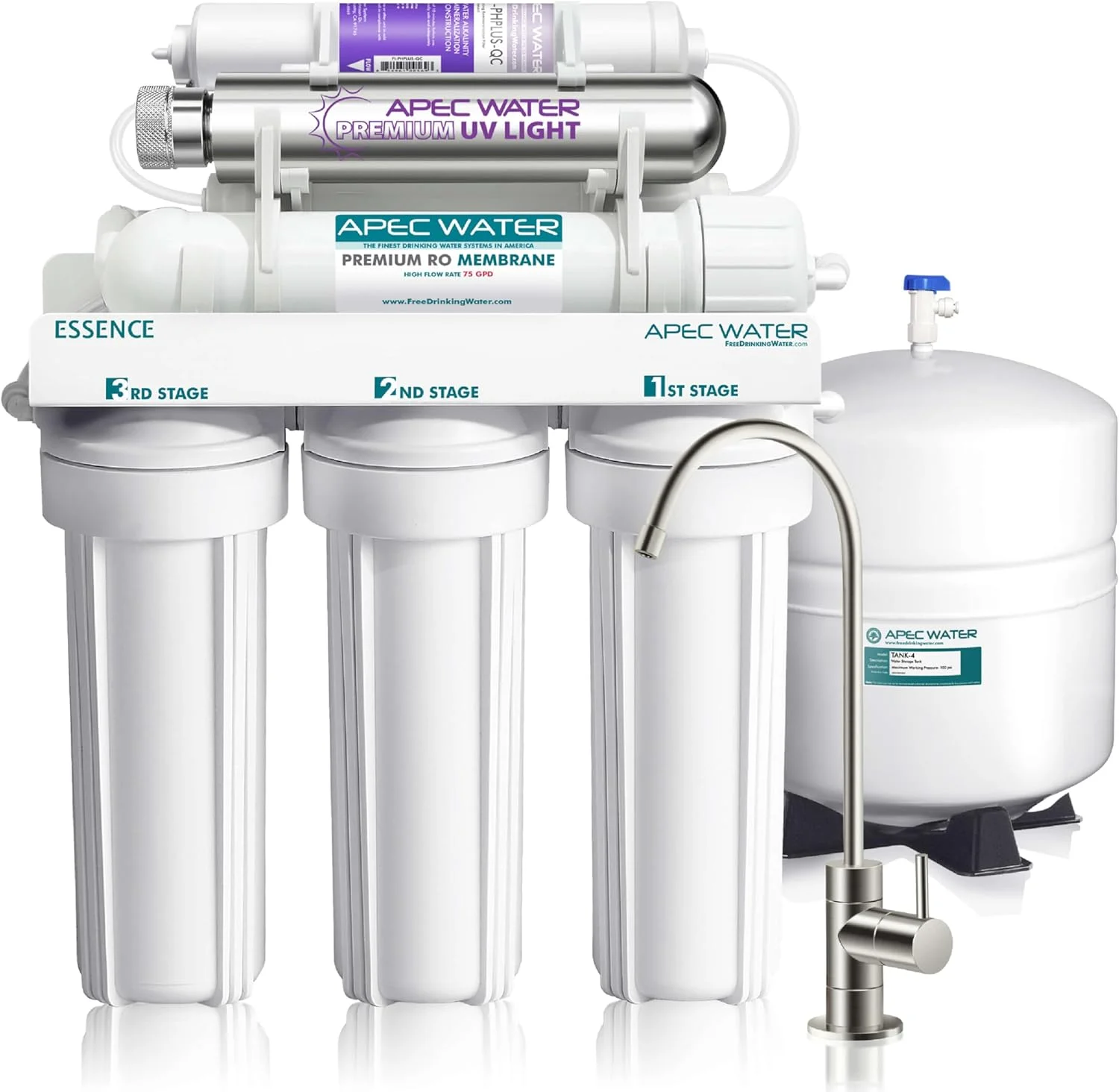 سیستم تصفیه آب 7 مرحله ای قلیایی معدنی و استریل کننده فرابنفش APEC Water Systems ROES-PHUV75 Essence Series، ظرفیت 75 گالن در روز