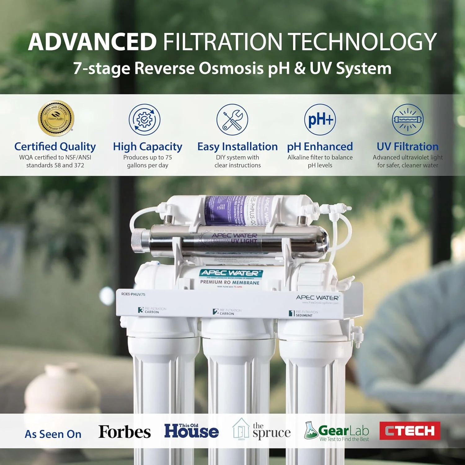 سیستم تصفیه آب 7 مرحله ای قلیایی معدنی و استریل کننده فرابنفش APEC Water Systems ROES-PHUV75 Essence Series، ظرفیت 75 گالن در روز