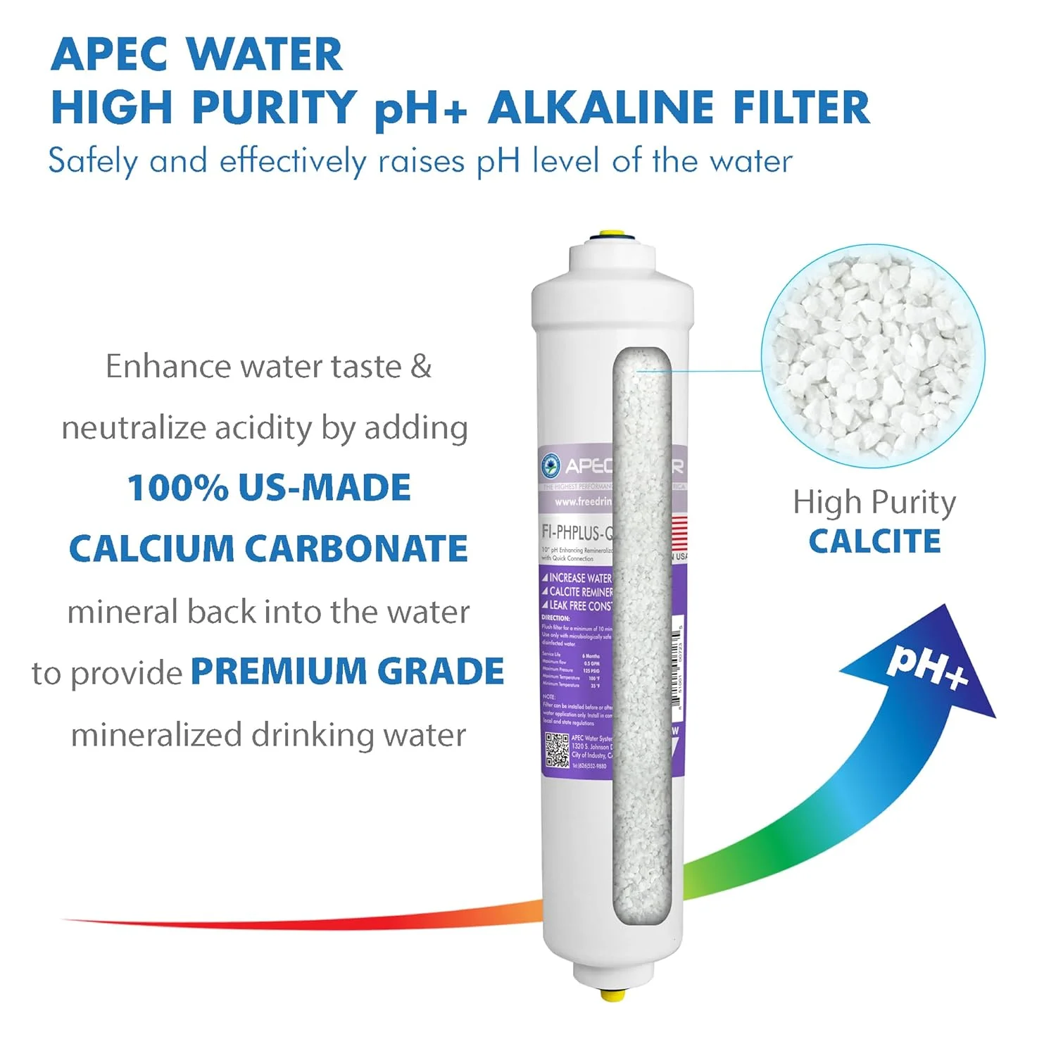 سیستم فیلتر آب آشامیدنی اسمز معکوس 6 مرحله ای با جریان بالا 90 GPD با قابلیت قلیایی و مواد معدنی pH+ (مدل Ultimate RO-PH90)، ابعاد: 15 اینچ عرض x 7 اینچ عمق x 18 اینچ ارتفاع