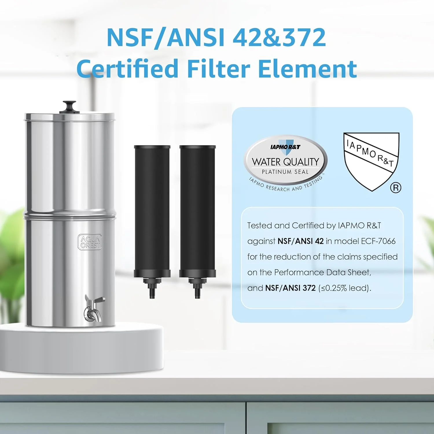 سیستم فیلتر آب ثقلی آکوا کرست، دارای گواهینامه NSF/ANSI 42&372، فیلترهای کربن سیاه، کاهش سرب و تا 99% کلر، 8.5 لیتر، برای خانه، کمپینگ، مسافرت با RV، خارج از شبکه، مواقع اضطراری، AQ-TN-A