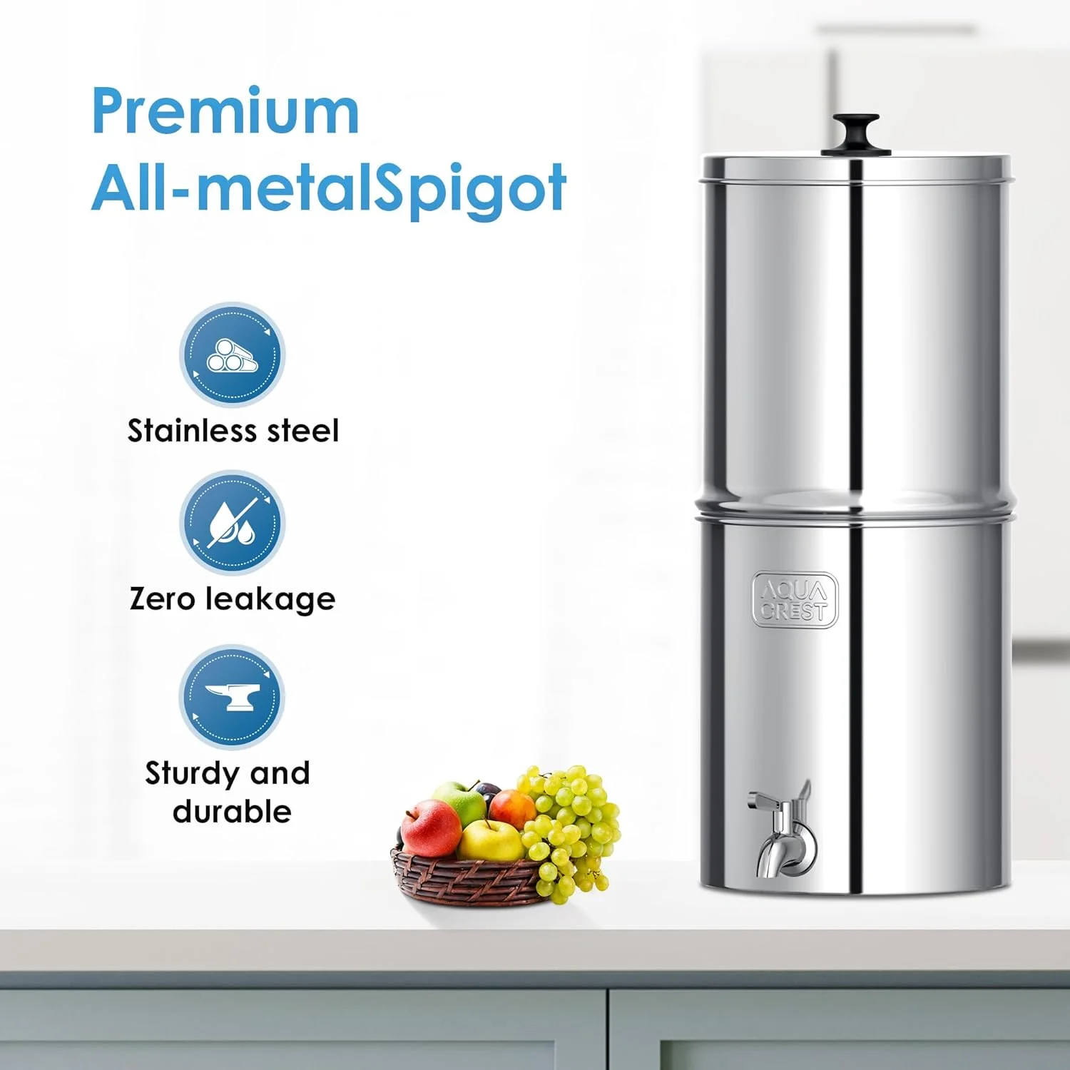 سیستم فیلتر آب ثقلی آکوا کرست، دارای گواهینامه NSF/ANSI 42&372، فیلترهای کربن سیاه، کاهش سرب و تا 99% کلر، 8.5 لیتر، برای خانه، کمپینگ، مسافرت با RV، خارج از شبکه، مواقع اضطراری، AQ-TN-A