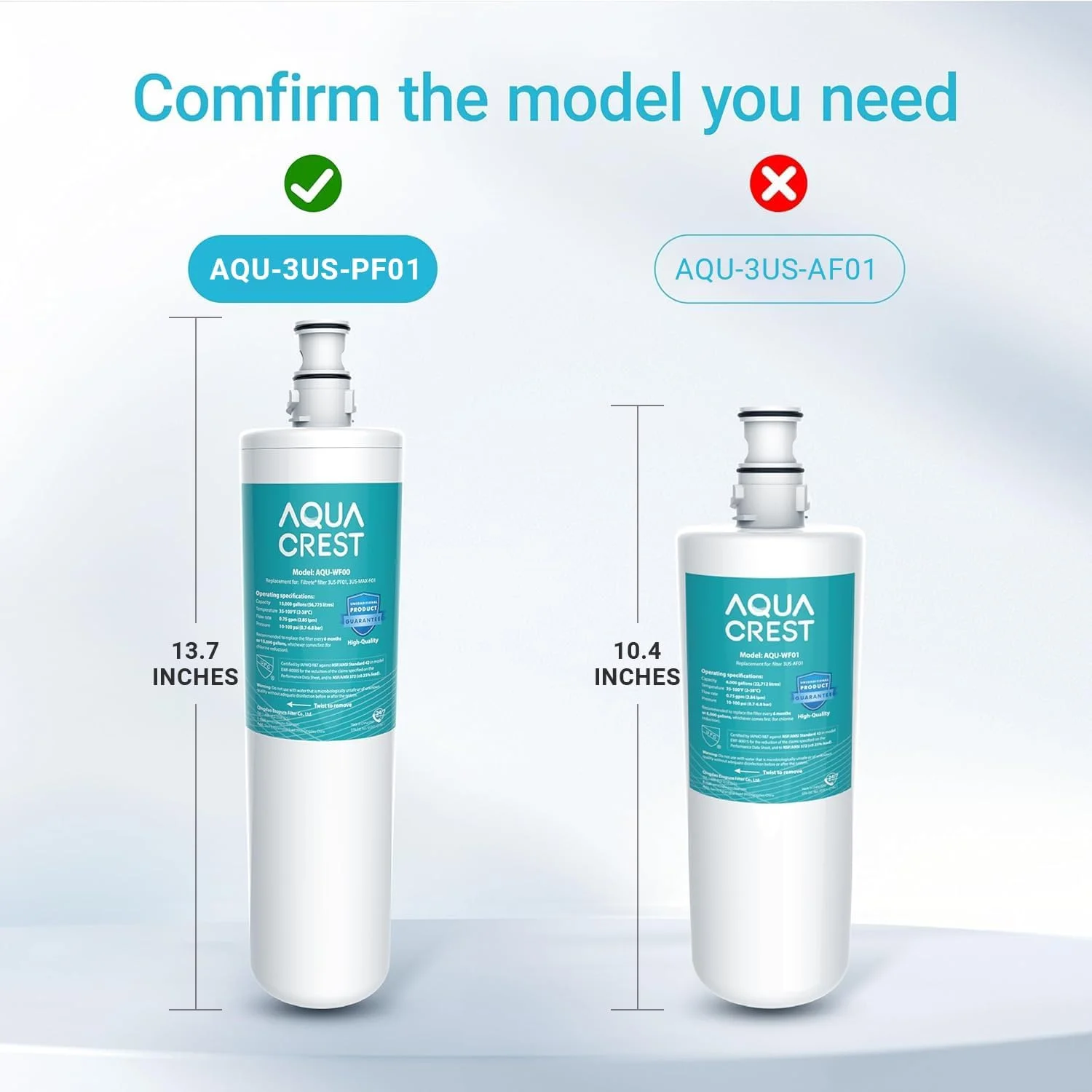 فیلتر آب زیر سینکی AQUA CREST 3US-PF01، جایگزین دارای گواهی NSF/ANSI 42 برای فیلترهای Advanced Filtrete 3US-PF01، 3US-MAX-F01H، Delta RP78702، Manitowoc K-00337، K-00338، بسته 2 عددی، مدل AQU-WF00