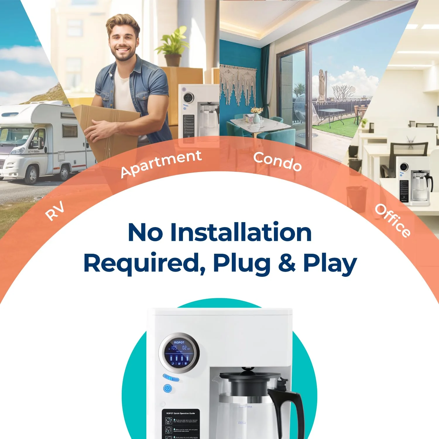 دستگاه تصفیه آب رومیزی Bluevua RO100ROPOT با سیستم اسمز معکوس، تصفیه 4 مرحله ای، نسبت آب خالص به پساب 2:1، آب تصفیه شده، دستگاه تصفیه آب قابل حمل برای خانه