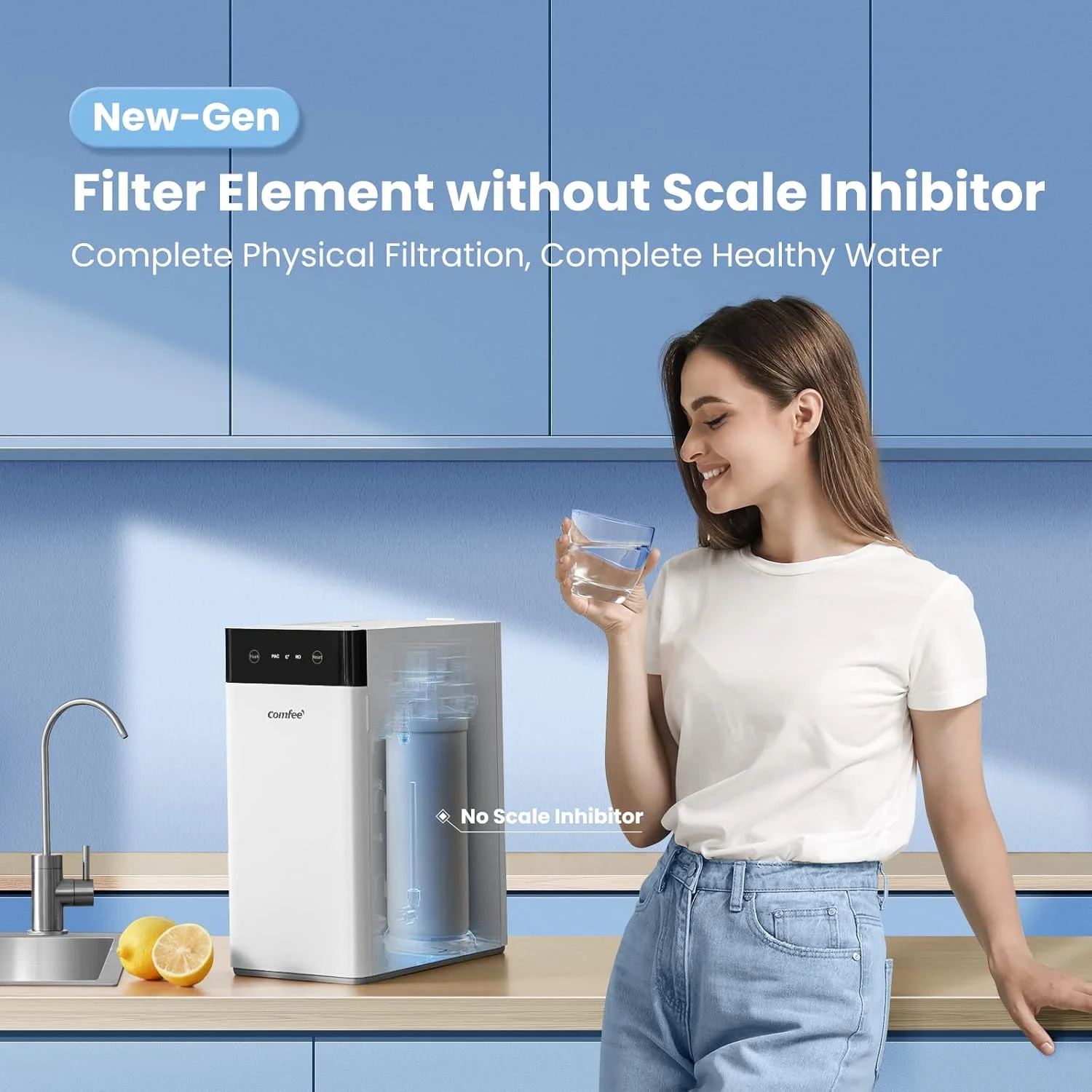 سیستم اسمز معکوس COMFEE، 400 گالن در روز، نسبت آب خالص به پساب 1.5:1، سیستم RO بدون مخزن، استانداردهای NSF، کاهش TDS، پشتیبانی فنی ایالات متحده آمریکا، سیستم فیلتر آب زیر سینک با شیر آب نیکل برس خورده