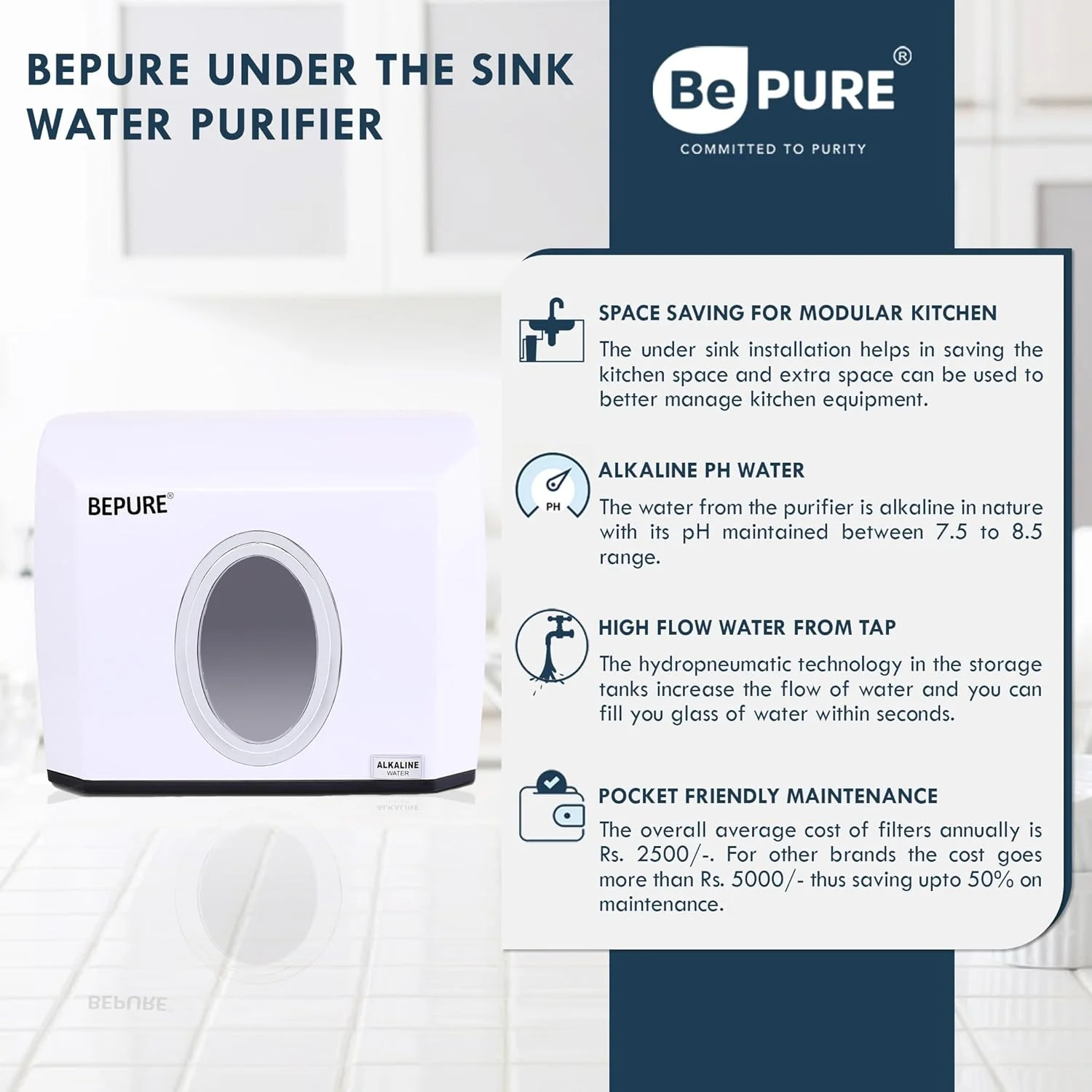 دستگاه تصفیه آب زیر سینکی Bepure UTS CP Copper+ با ظرفیت 12 لیتر و فیلتراسیون RO+UV+UF+TDS+Copper Alkaline | مناسب برای نصب زیر کابینت | قابل استفاده تا 3000 ppm TDS