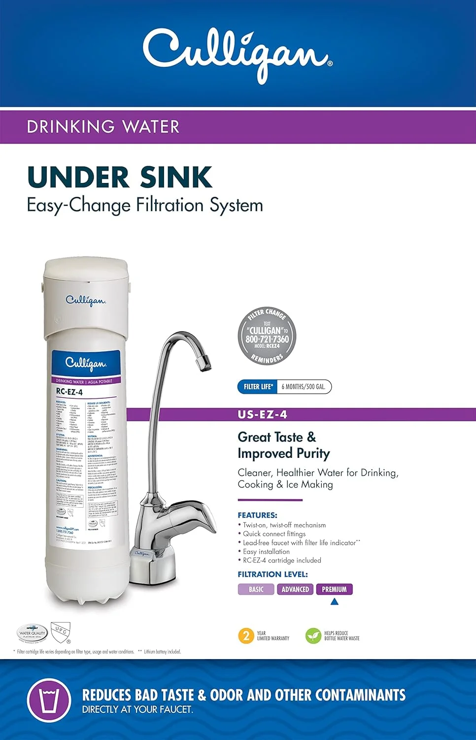 سیستم تصفیه آب آشامیدنی زیر سینکی Culligan US Change با شیر اختصاصی و فیلتر ممتاز، EZ-4 (بهترین فیلتراسیون)، کروم