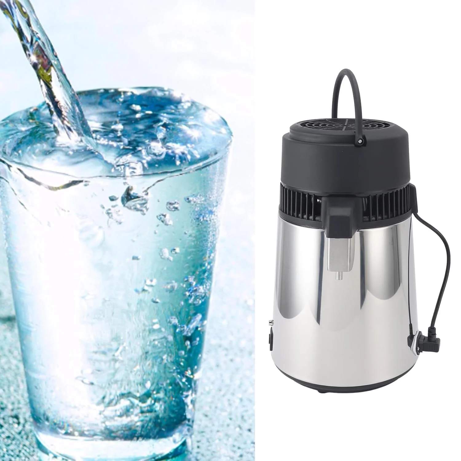 دستگاه تقطیر آب 4 لیتری نقره ای 750 وات استیل ضد زنگ اتوماتیک رومیزی با دکمه تک شیشه ای درب آبی (دوشاخه بریتانیا 220 ولت)