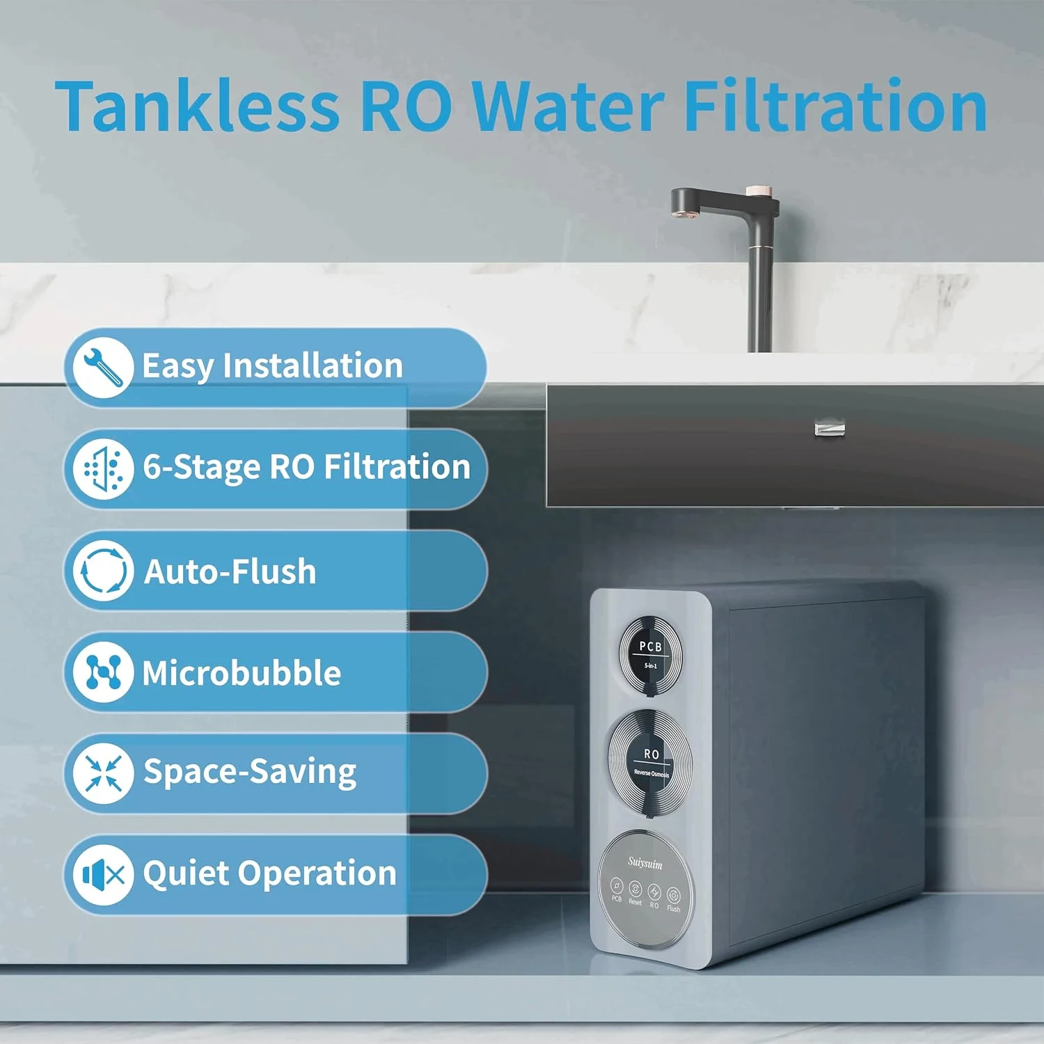 سیستم اسمز معکوس بدون مخزن Suiysuim با ظرفیت 800 GPD، سیستم تصفیه آب 6 مرحله ای زیر سینکی، دارای گواهینامه NSF/ANSI 42، دارای دو خروجی برای آب RO و آب میکرو حباب، نسبت آب خالص به زهکشی 2:1، مدل N2-S