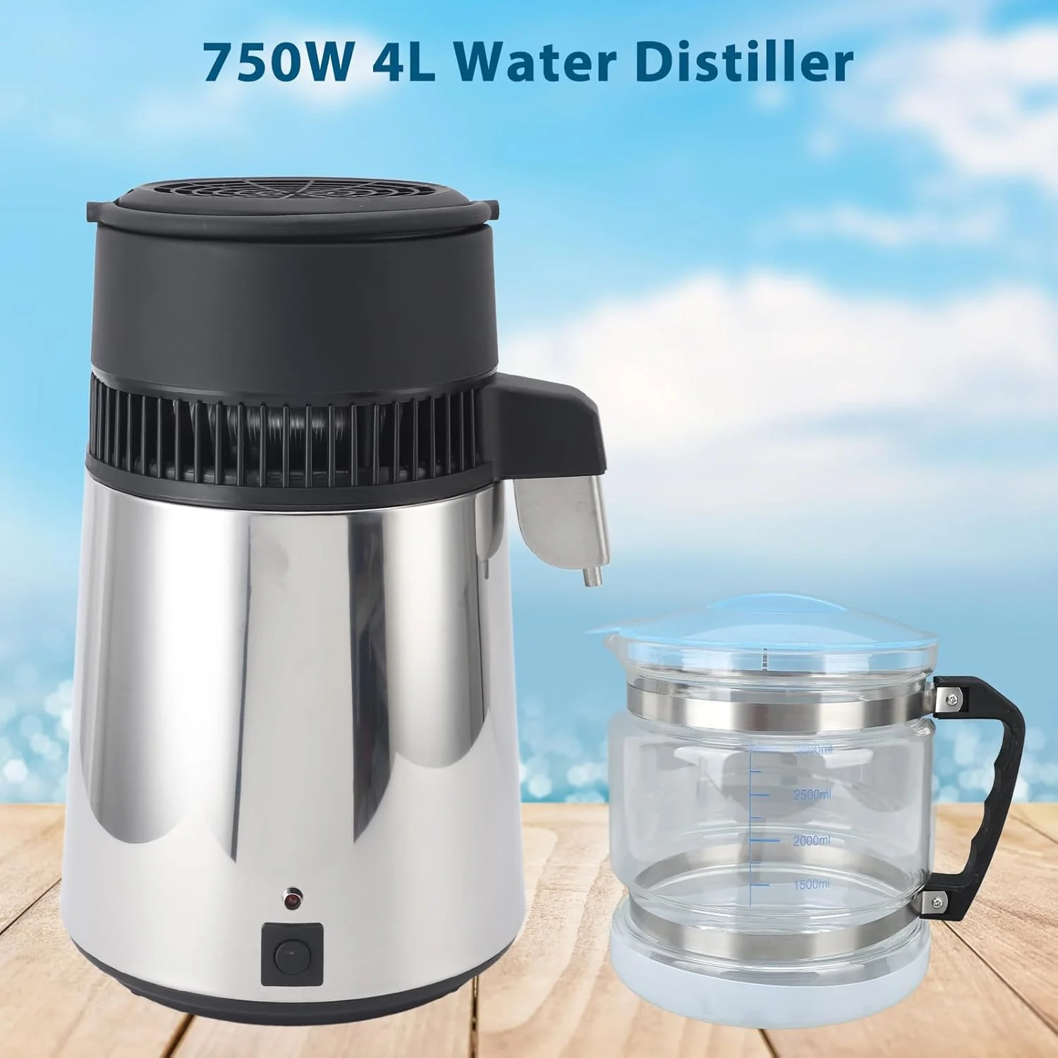 دستگاه تقطیر آب 4 لیتری نقره ای 750 وات استیل ضد زنگ اتوماتیک رومیزی با دکمه تک شیشه ای درب آبی (دوشاخه بریتانیا 220 ولت)