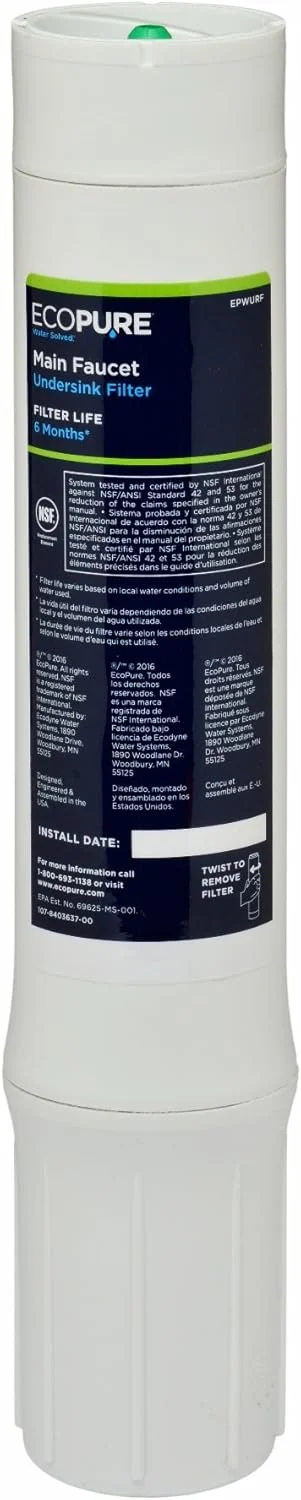 فیلتر آب جایگزین شیر اصلی زیر سینک EcoPure (EPWURF) | دارای گواهینامه NSF | مناسب برای سیستم EPWUFF | عمر فیلتر 6 ماهه، سفید