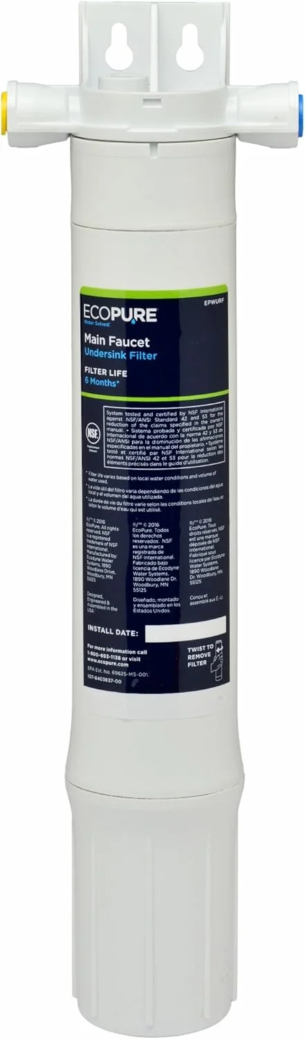 فیلتر آب جایگزین شیر اصلی زیر سینک EcoPure (EPWURF) | دارای گواهینامه NSF | مناسب برای سیستم EPWUFF | عمر فیلتر 6 ماهه، سفید