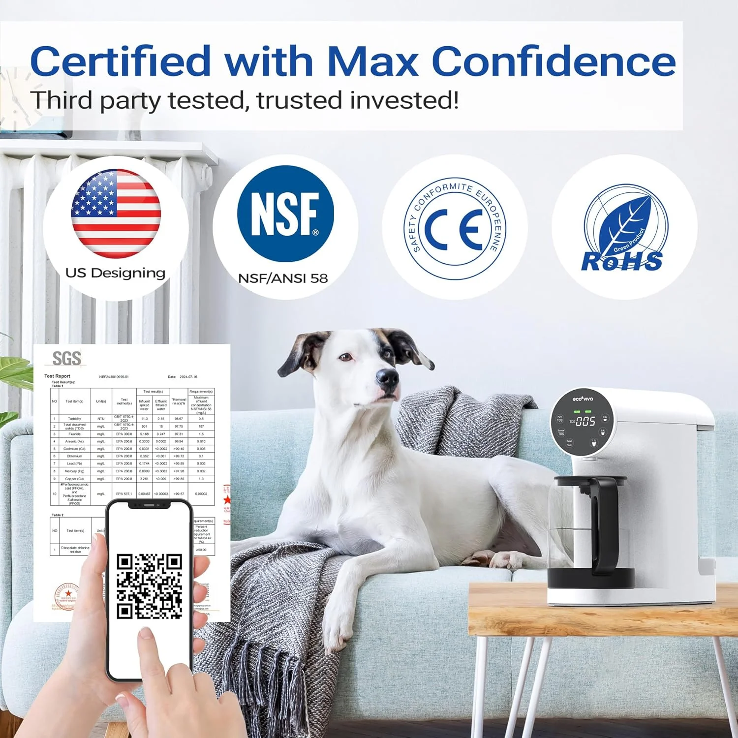 سیستم تصفیه آب اسمز معکوس رومیزی اکوویوا، دستگاه تصفیه آب قابل حمل RO با فیلتراسیون 4 مرحله ای، نسبت آب خالص به پساب 3:1، مانیتور TDS، جریان سریعتر، استفاده آسان - سفید