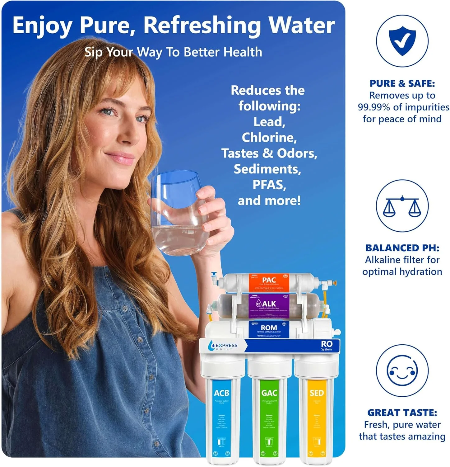 سیستم تصفیه آب قلیایی اسمز معکوس اکسپرس واتر - تصفیه کننده معدنی ساز 10 مرحله ای RO - مواد معدنی، pH +، آنتی اکسیدان - فیلتر آب زیر سینکی با مواد معدنی