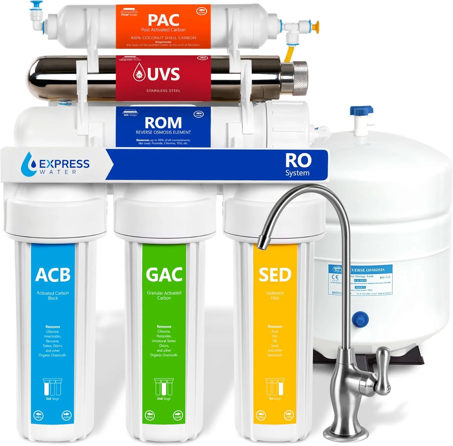 سیستم تصفیه آب اسمز معکوس فرابنفش اکسپرس واتر – فیلتر آب RO UV شش مرحله ای با شیر و مخزن – فیلتر آب فرابنفش زیر سینکی – 100 GPD سیستم تصفیه آب اسمز معکوس فرابنفش اکسپرس واتر – فیلتر آب RO UV شش مرحله ای با شیر و مخزن – فیلتر آب فرابنفش زیر سینکی – 100 GPD