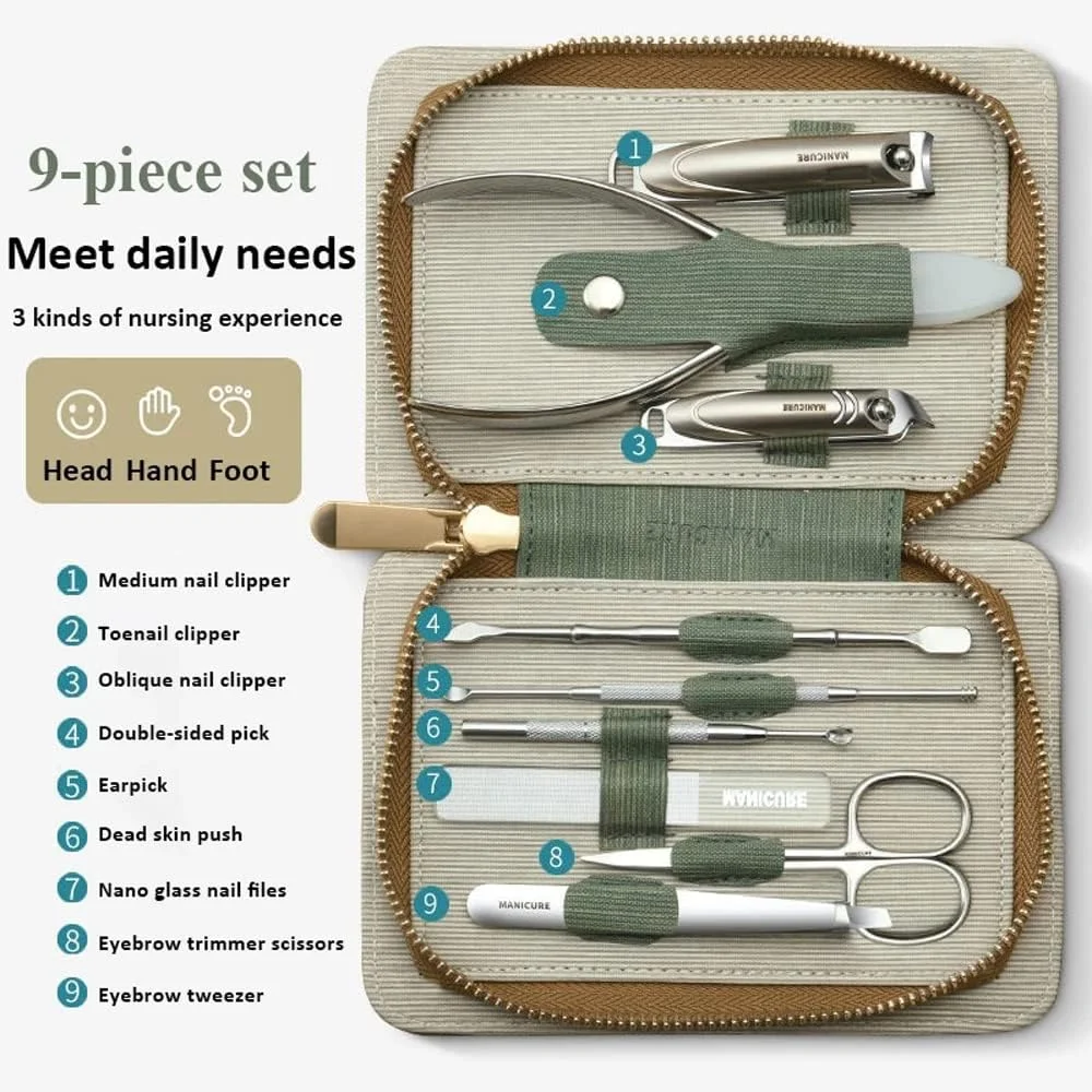ست مانیکور 9 تکه Beauenty، کیت حرفه ای و کاربردی با کیف چرمی، ابزار مراقبت شخصی و ناخن گیر استیل ضد زنگ