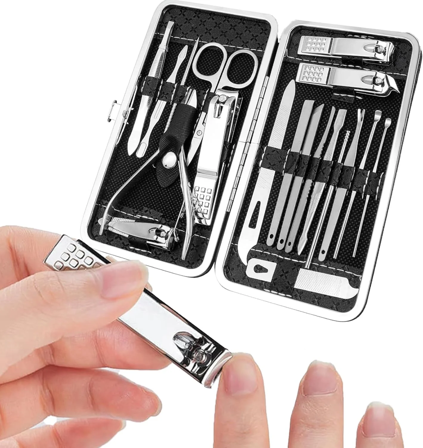 ست ۱۹ تکه ناخن گیر، قیچی ناخن انگشتان دست و پا، ابزار مانیکور و پدیکور استیل ضد زنگ (مشکی)