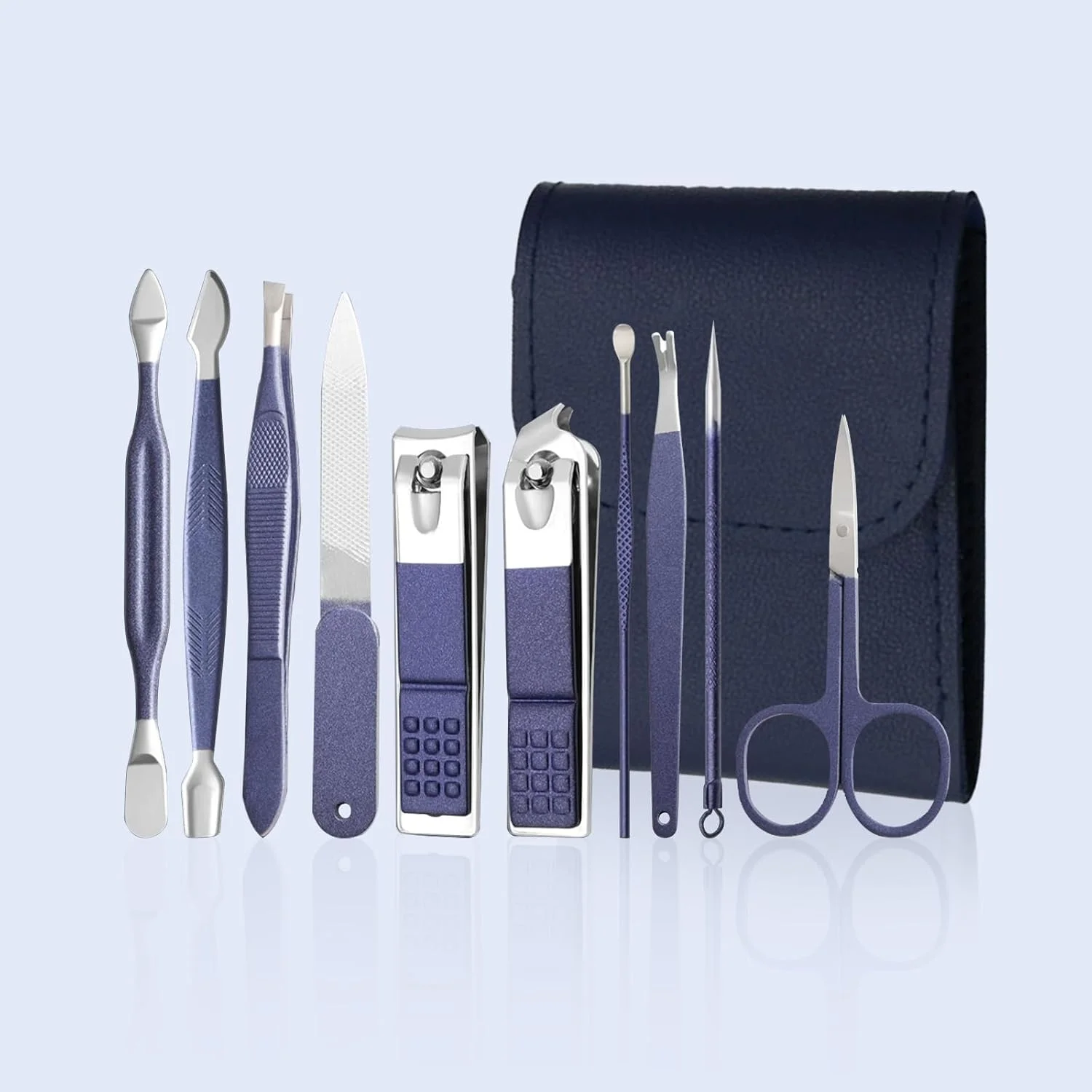 ست ناخن گیر، قیچی ناخن انگشتان دست و پا، ست مانیکور پدیکور - 10 تکه ست حرفه ای نظافت از جنس استیل ضد زنگ، ابزار مراقبت از ناخن با کیف مسافرتی لوکس - (آبی)