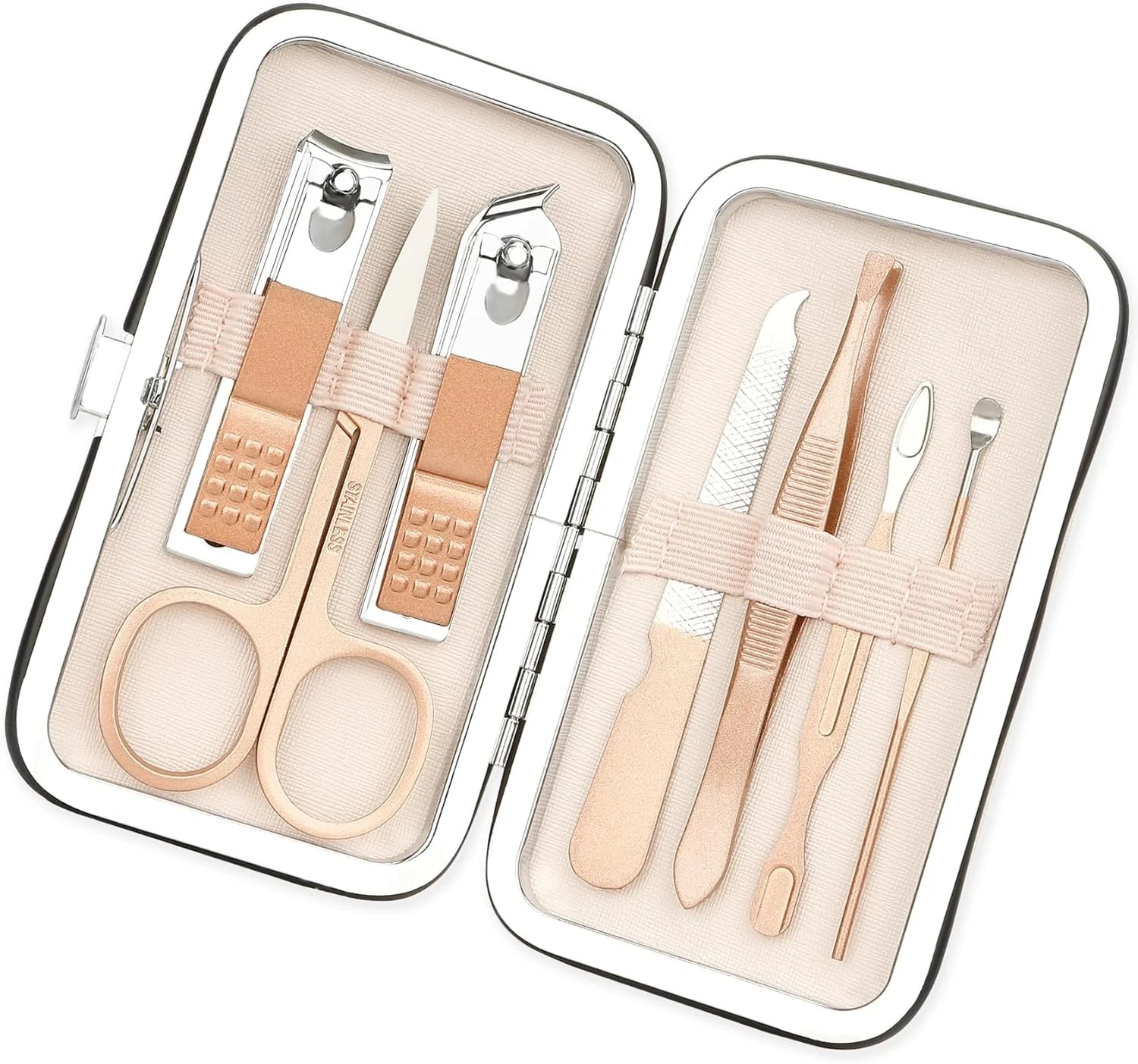 ست مانیکور ناخن گیر مردانه، ابزار پدیکور، ست مراقبت شخصی ناخن، ست مانیکور فلزی، ست حرفه ای پیرایش 8 در 1 (رزگلد)