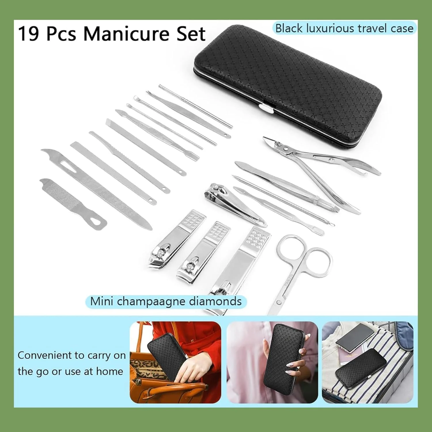 ست ۱۹ تکه ناخن گیر، قیچی ناخن انگشتان دست و پا، ابزار مانیکور و پدیکور استیل ضد زنگ (مشکی)