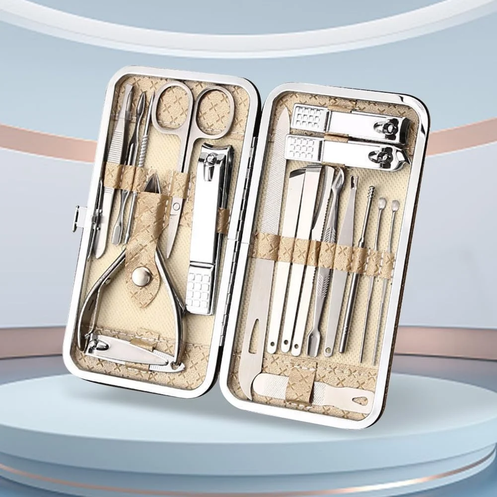ست ناخن گیر، کیت مانیکور پدیکور 19 تکه استیل ضد زنگ، کیت حرفه ای قیچی ناخن گیر برای خانه، محل کار، هدیه دادن، سالن