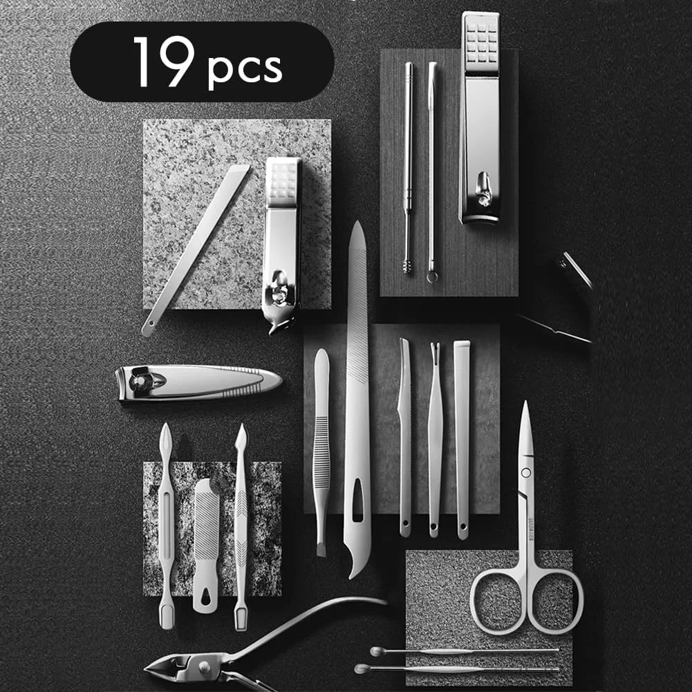 ست ناخن گیر، کیت مانیکور پدیکور 19 تکه استیل ضد زنگ، کیت حرفه ای قیچی ناخن گیر برای خانه، محل کار، هدیه دادن، سالن