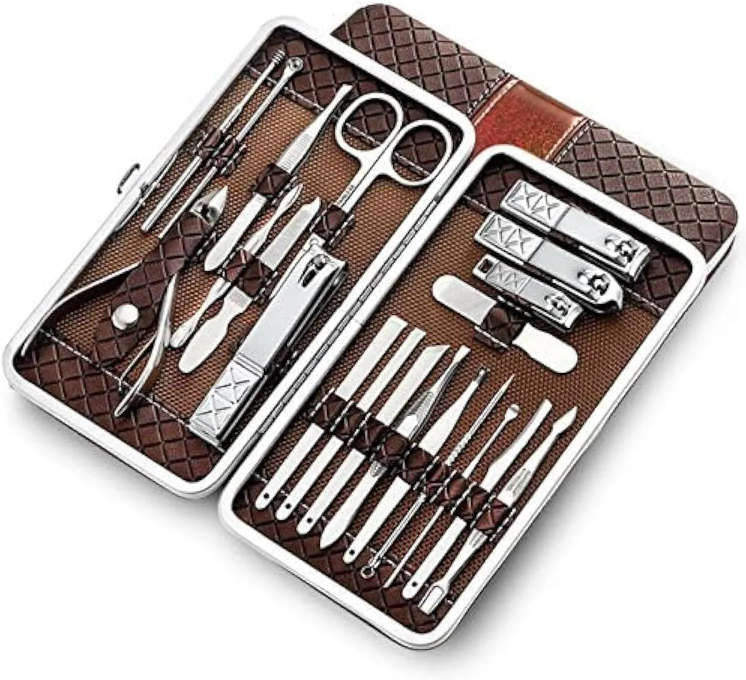 ست قابل حمل ابزار زیبایی و ناخن گیر، ست مانیکور 21 تکه استیل ضد زنگ، ست ابزار مراقبت از پا، ابزار نظافت با کیف چرمی PU برای مسافرت و منزل (قهوه ای)