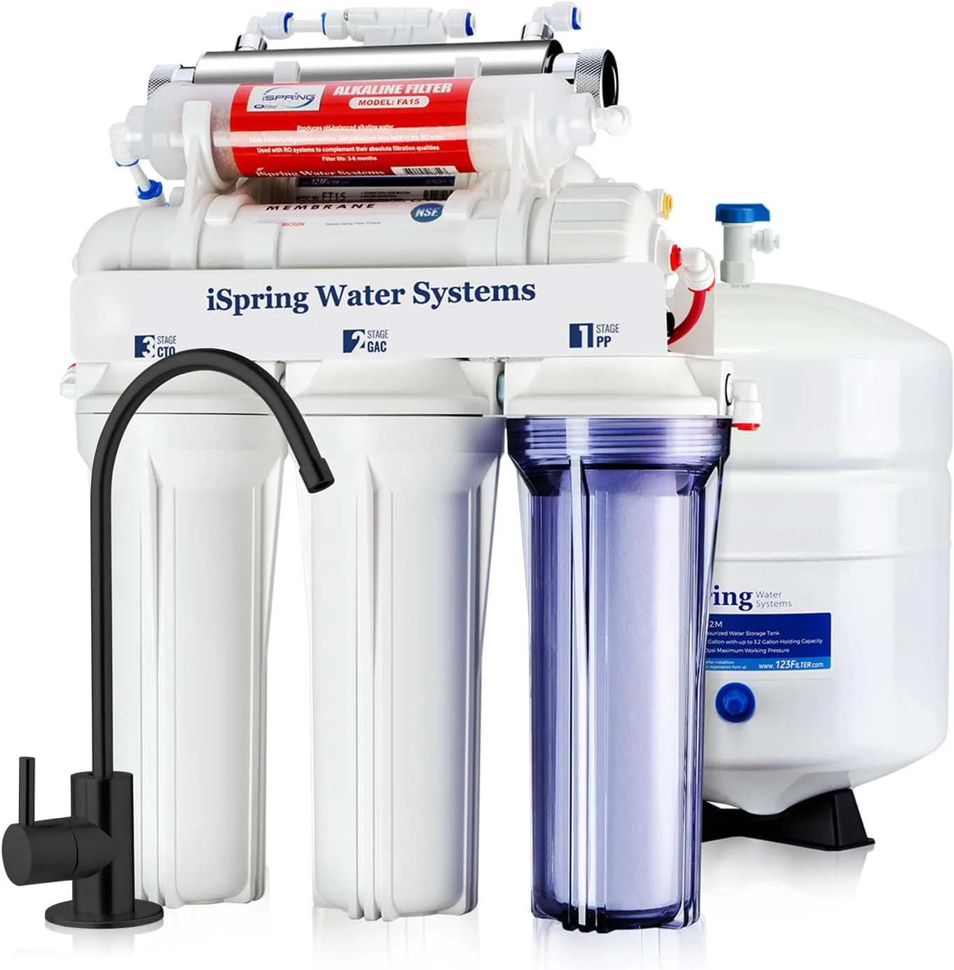 سیستم فیلتر آب اسمز معکوس 7 مرحله ای قلیایی و فرابنفش iSpring RCC7AK-UV-BLK، محفظه شفاف برای بازرسی آسان فیلتر، بهبود طعم، طراحی شیر آب ثبت شده با نصب آسان