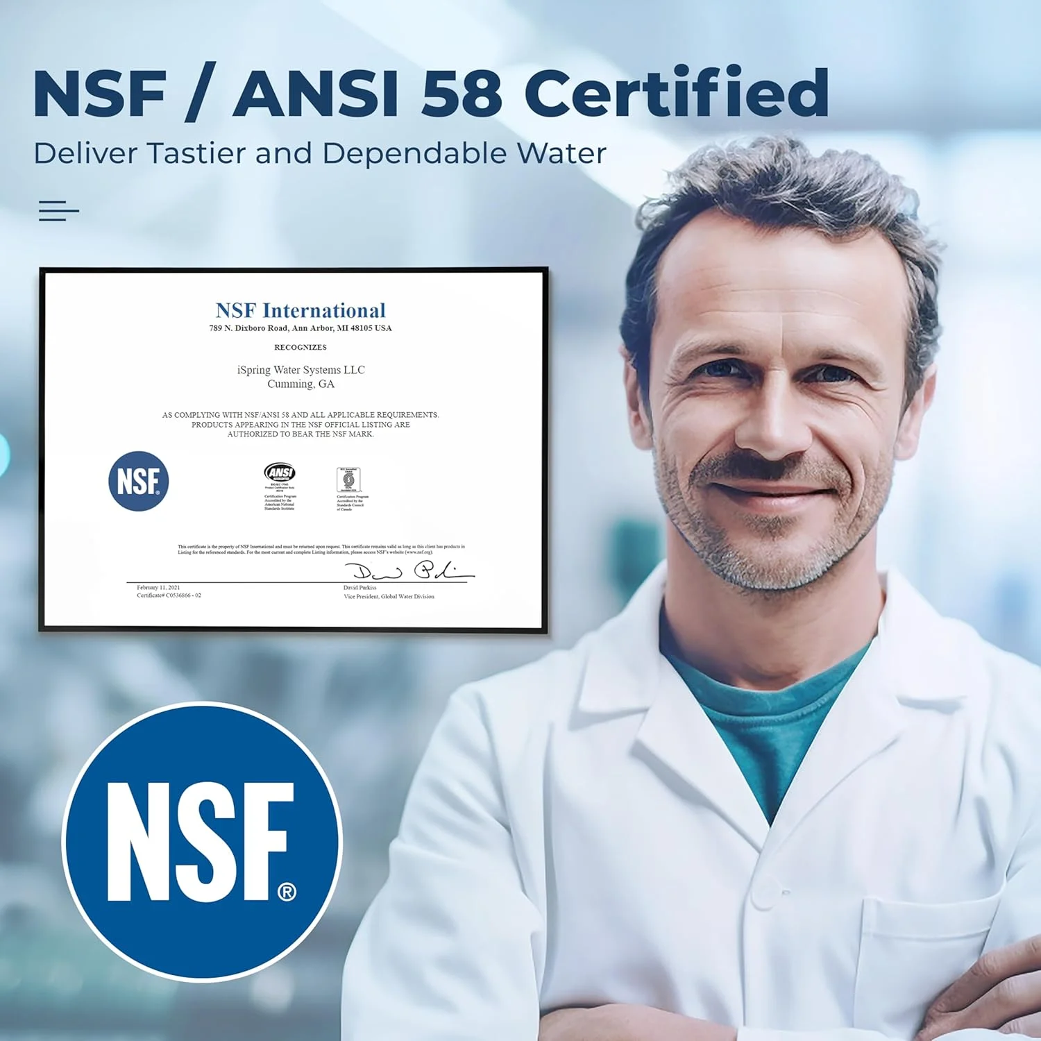 سیستم تصفیه آب اسمز معکوس بدون مخزن iSpring RO500-ORB، جریان سریع 500 GPD، شیر آب مشکی روغنی، نسبت آب خالص به زهکشی 2:1، سفید