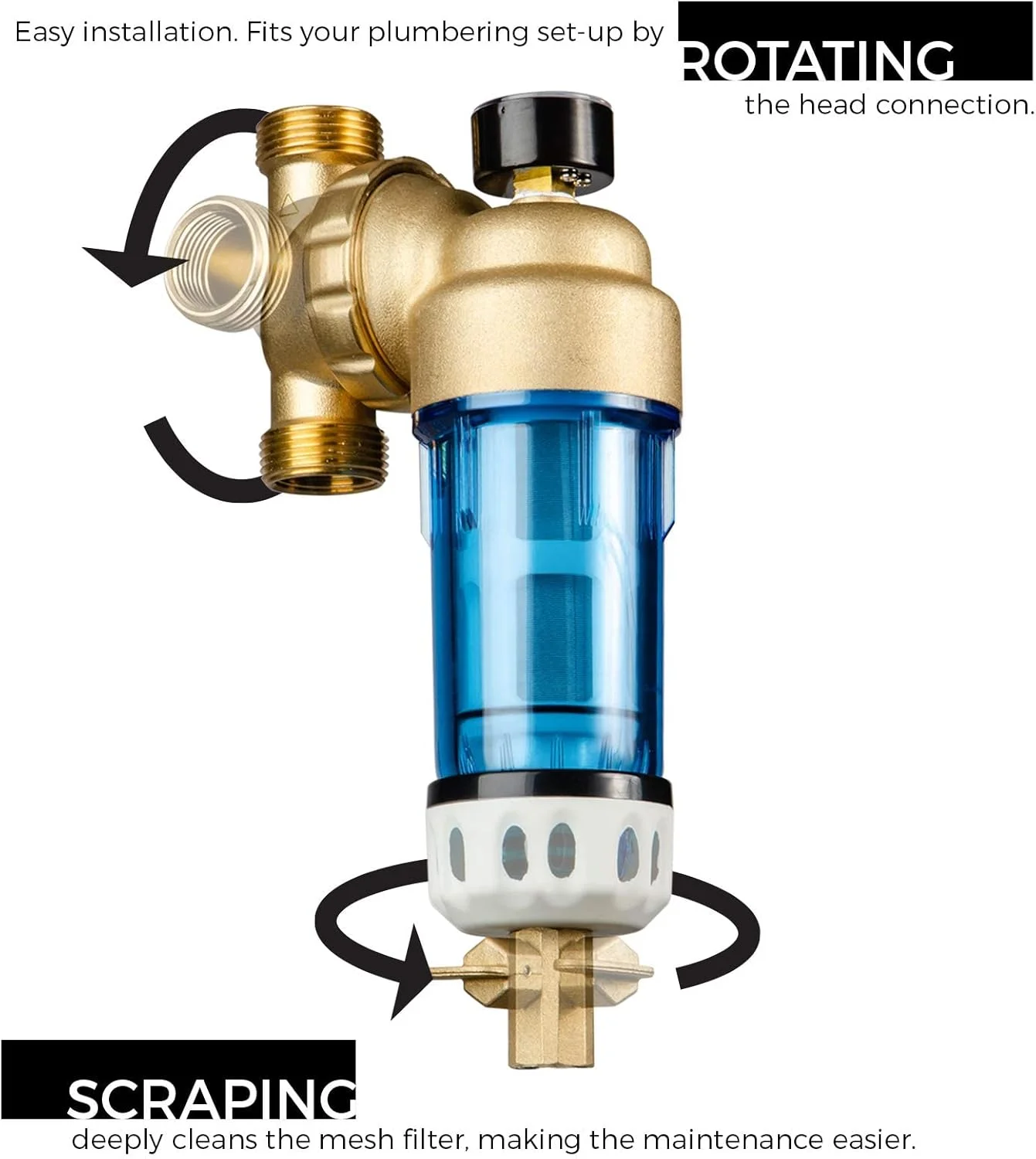 فیلتر رسوب گیر چرخشی آب Ispring Wsp50Gr با قابلیت استفاده مجدد، 50 میکرون با خراشنده داخلی محفظه، سر قابل چرخش 360 درجه، فشارسنج، آبی