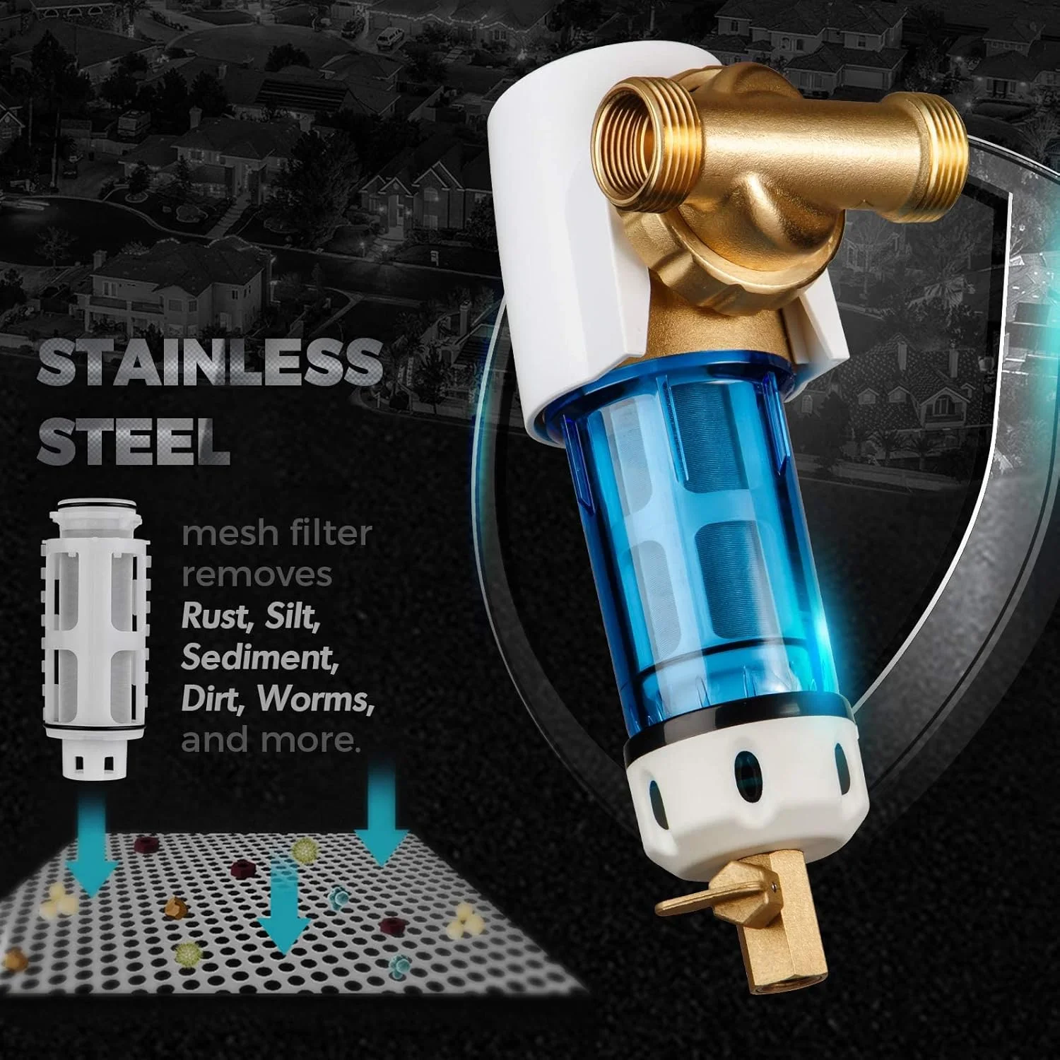 فیلتر رسوب گیر چرخشی آب Ispring Wsp50Gr با قابلیت استفاده مجدد، 50 میکرون با خراشنده داخلی محفظه، سر قابل چرخش 360 درجه، فشارسنج، آبی