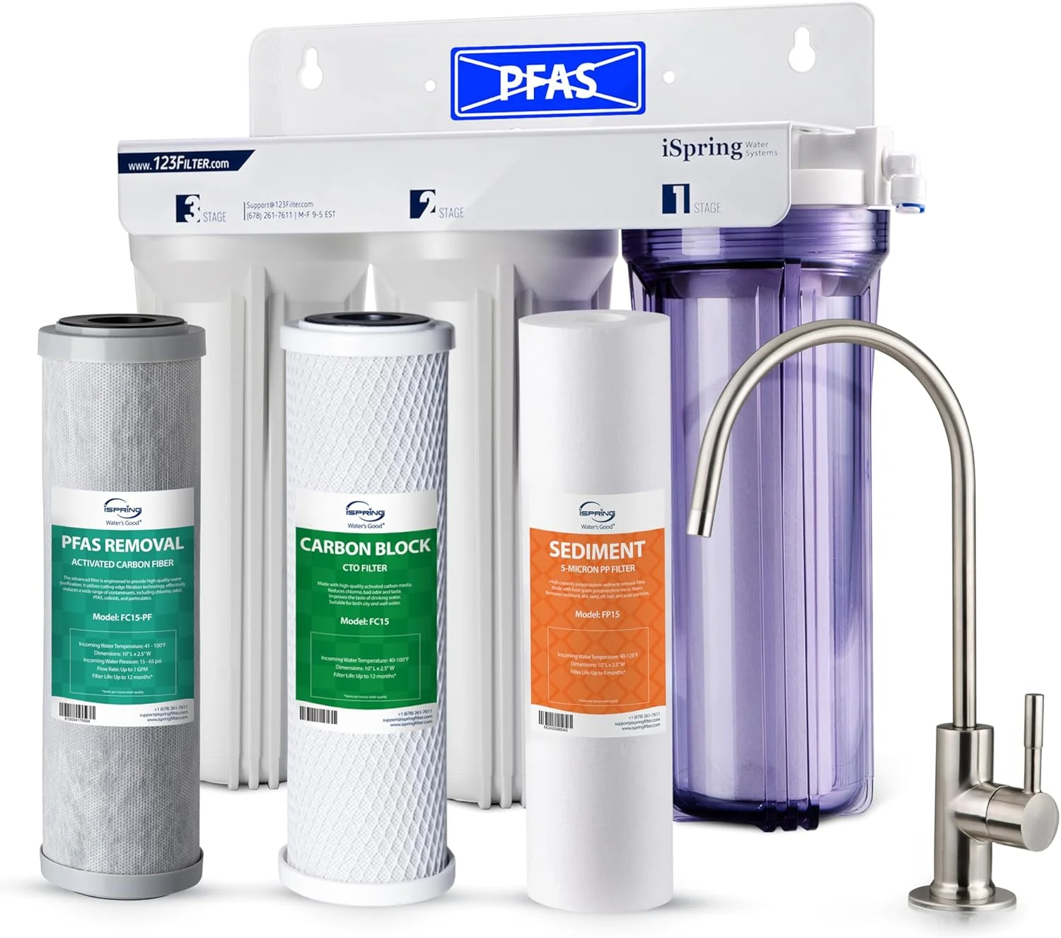 سیستم تصفیه آب سه مرحله ای کلاسیک زیر سینکی iSpring US31-PF برای آشامیدن، دارای گواهی SGS برای کاهش آلاینده ها، فیلتر آب زیر سینکی بدون مخزن، فیلتر آب با ظرفیت بالا برای سینک