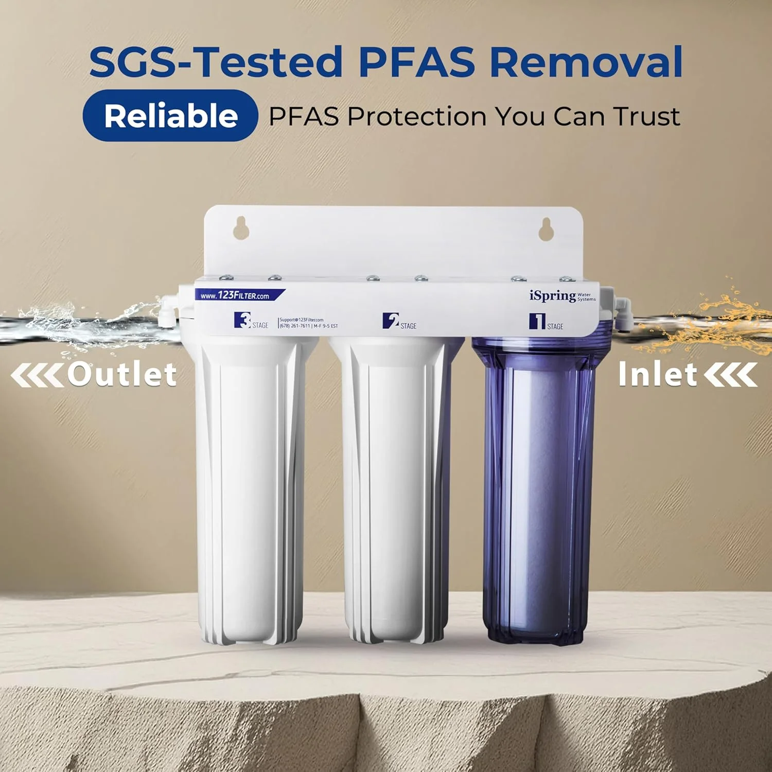 سیستم تصفیه آب سه مرحله ای کلاسیک زیر سینکی iSpring US31-PF برای آشامیدن، دارای گواهی SGS برای کاهش آلاینده ها، فیلتر آب زیر سینکی بدون مخزن، فیلتر آب با ظرفیت بالا برای سینک