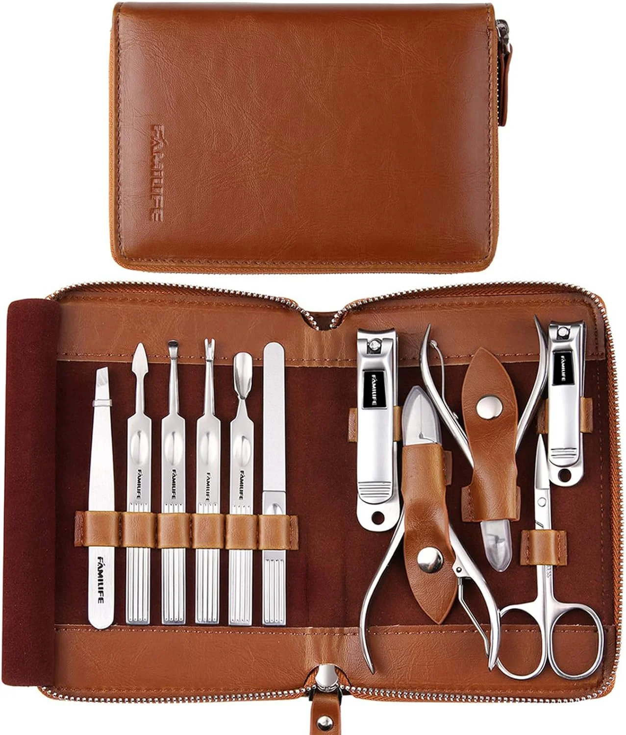 ست مانیکور FAMILIFE، ست حرفه ای ناخن گیر 11 تکه استیل ضد زنگ، ست ابزار پدیکور، ست ناخن، کیت پیرایش مردانه با کیف چرمی مسافرتی قابل حمل، هدیه لوکس برای آقایان