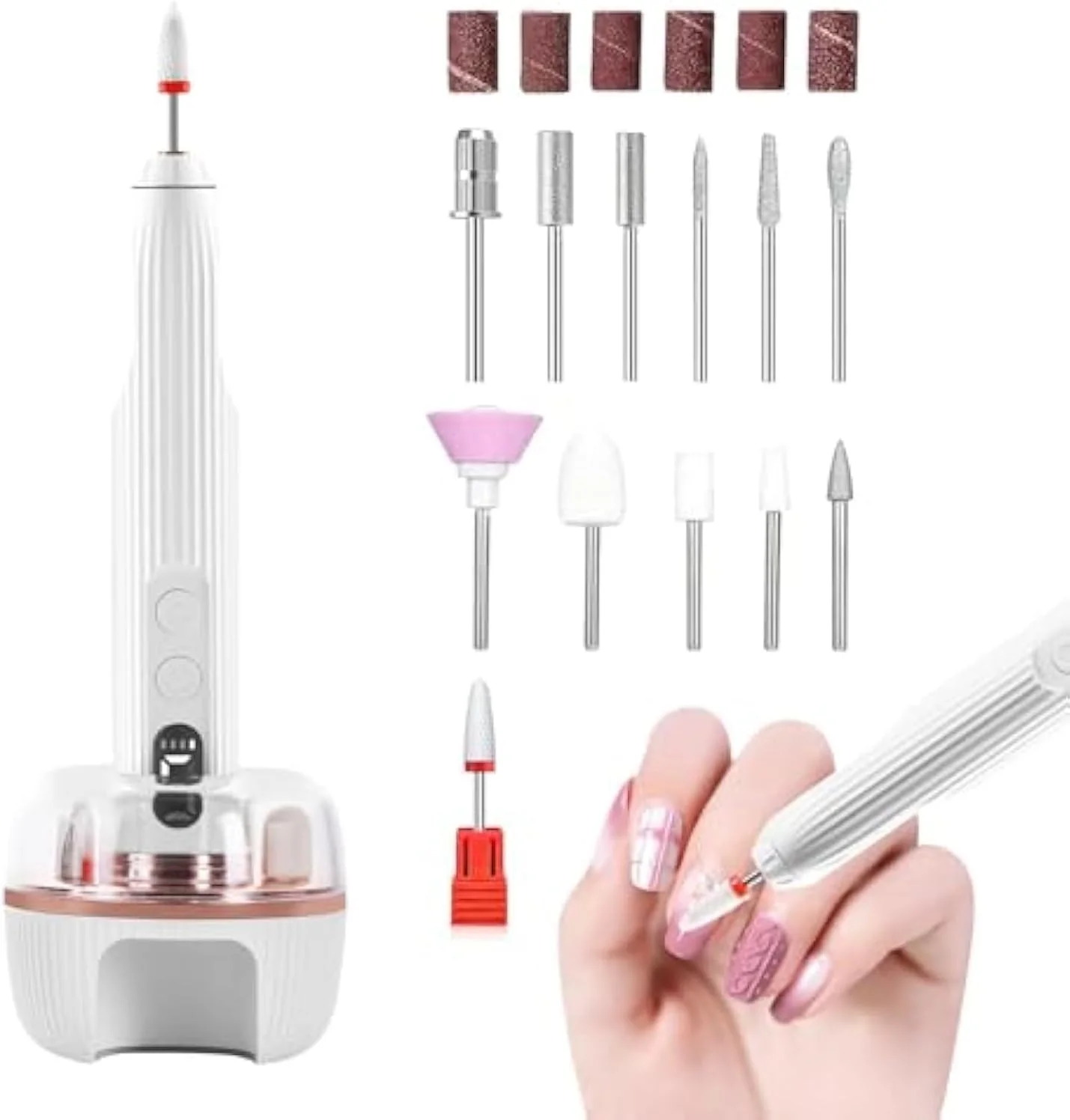 ست سوهان ناخن برقی، دستگاه حرفه ای سوهان ناخن آکریلیک، کیت حرفه ای مانیکور پدیکور، با چراغ کوچک مانیکور، 12 سر سوهان و پایه شارژی، دستگاه قابل حمل و شارژی سوهان ناخن