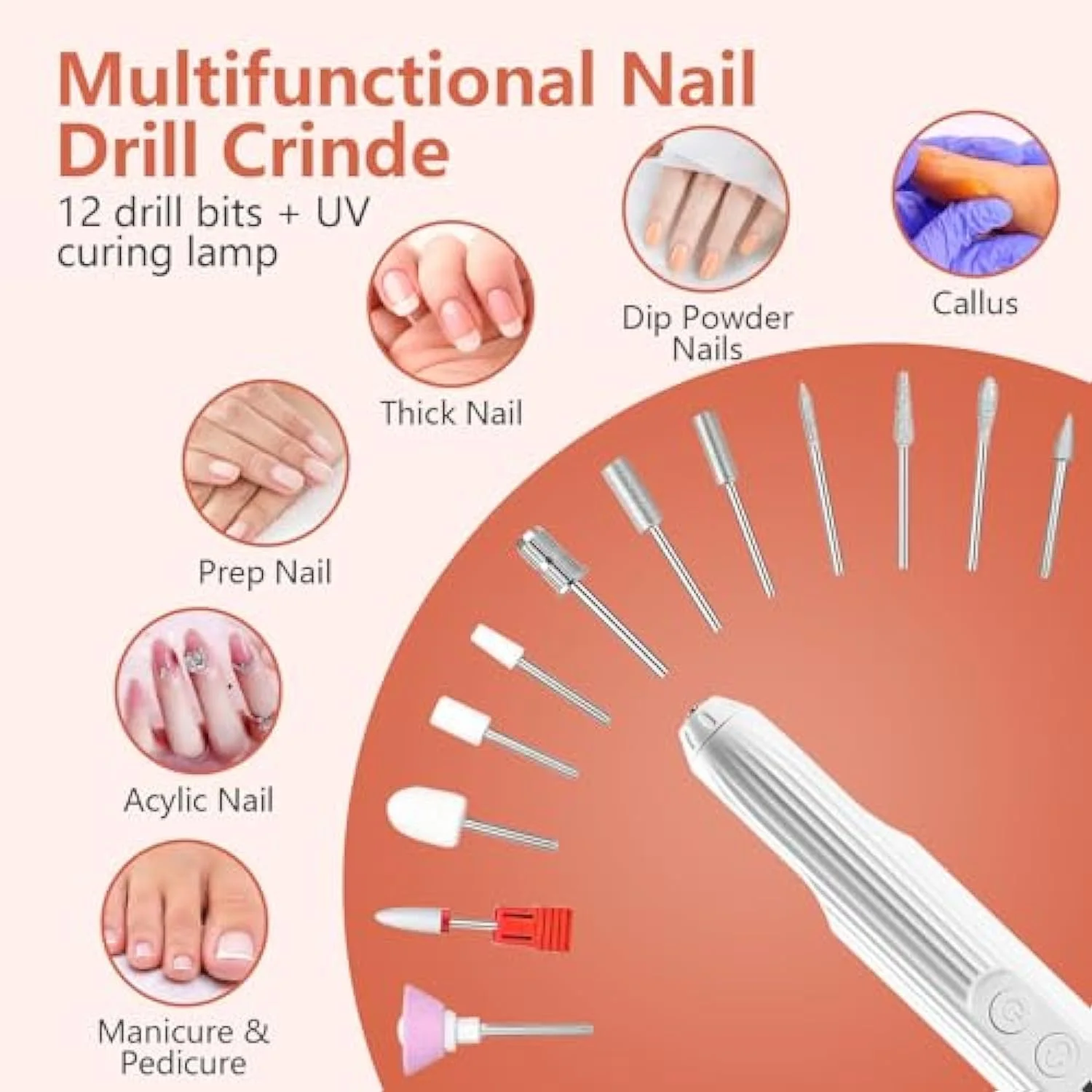 ست سوهان ناخن برقی، دستگاه حرفه ای سوهان ناخن آکریلیک، کیت حرفه ای مانیکور پدیکور، با چراغ کوچک مانیکور، 12 سر سوهان و پایه شارژی، دستگاه قابل حمل و شارژی سوهان ناخن