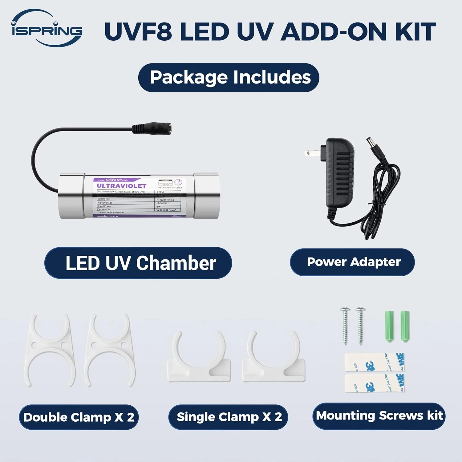 فیلتر آب UV LED مدل iSpring UVF8، کیت اضافی برای سیستم های فیلتراسیون آب زیر سینکی، بدون جیوه، استیل ضد زنگ