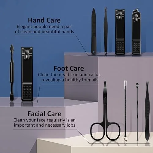 ست مانیکور، ست حرفه ای مانیکور پدیکور، ست 10 تکه ناخن گیر، ست پیرایش حرفه ای مردانه، ابزار مراقبت از ناخن با کیف چرمی مسافرتی لوکس (مشکی)