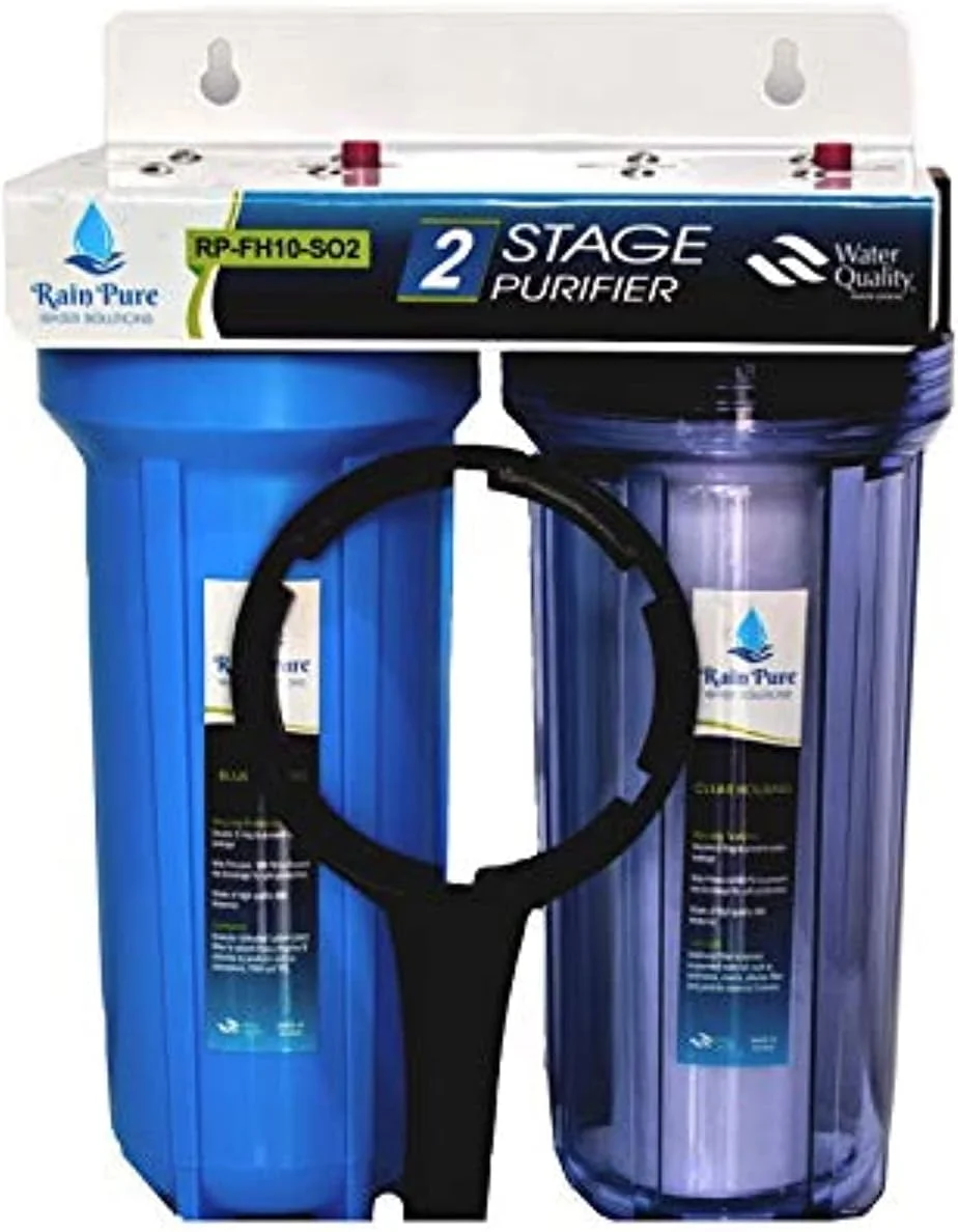 سیستم تصفیه آب دو مرحله ای Rain Pure Water Solutions برای آشپزخانه، سیستم فیلتراسیون پیشرفته سینک و فضای باز - ظرفیت بالا، فیلتر درون خطی برای تصفیه آب آشامیدنی و حذف ناخالصی ها